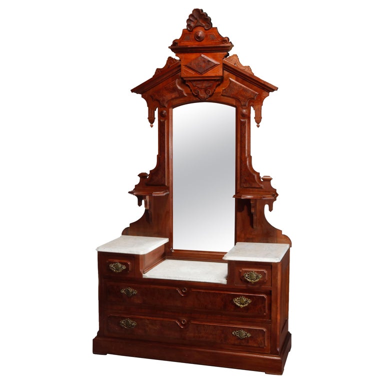 Walnut Marble Top Dresser, Victorian Marble Top Dresser Mirror
