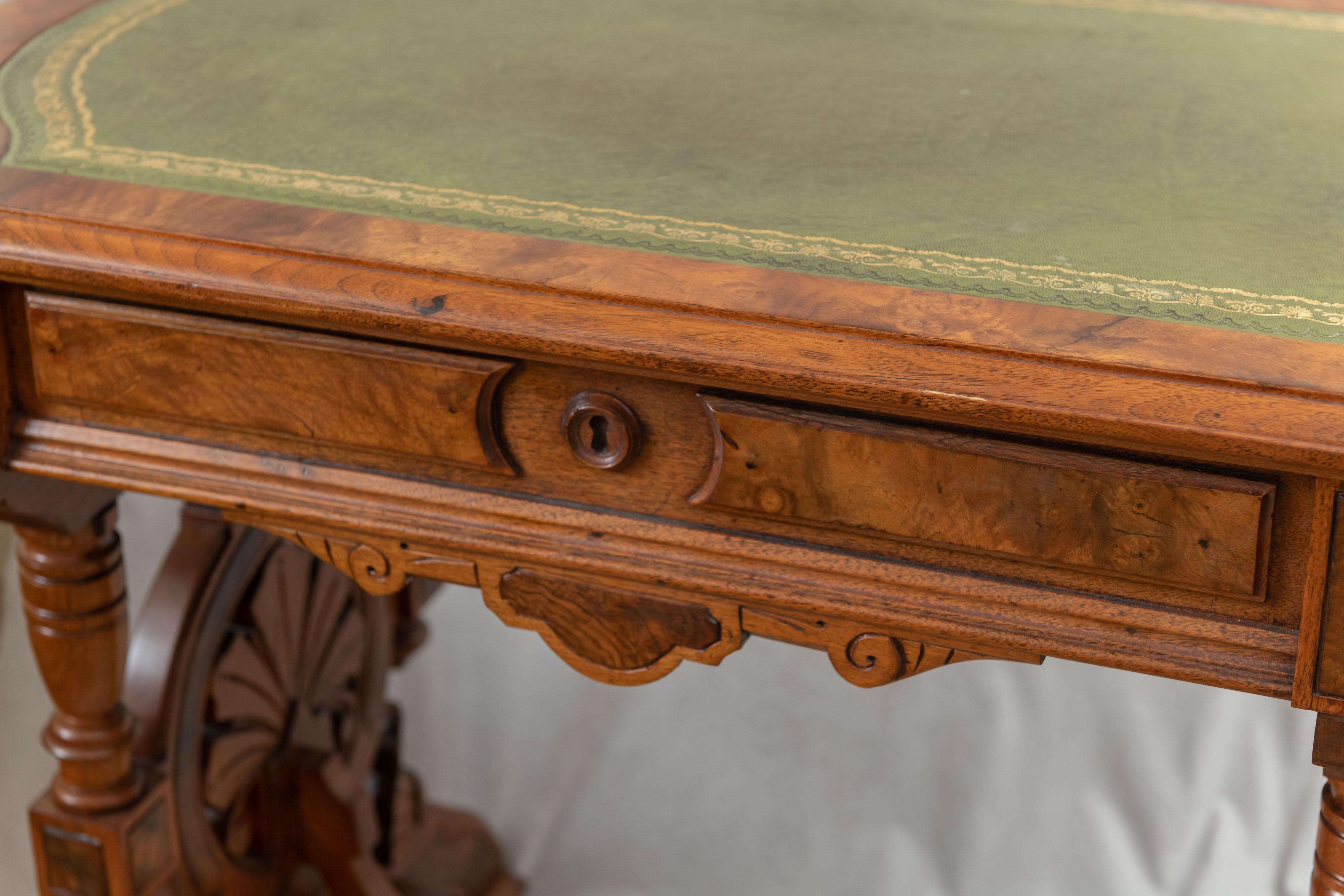 Renaissance Revival Walnut & Burl Writing Table w/ Leather Top, ca. 1870 4