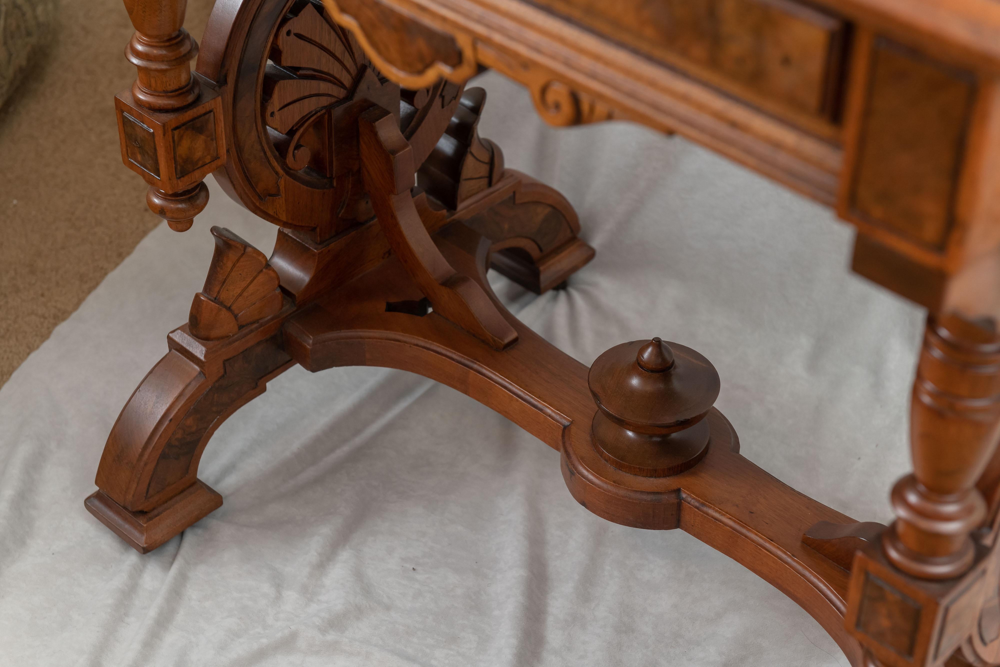 Renaissance Revival Walnut & Burl Writing Table w/ Leather Top, ca. 1870 5