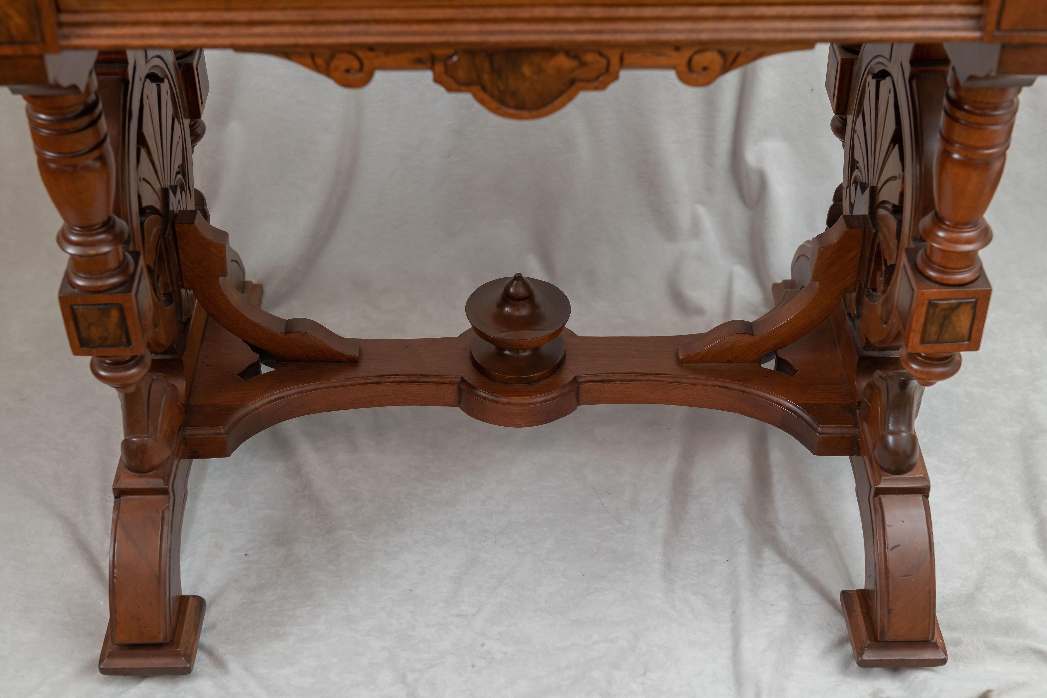 American Renaissance Revival Walnut & Burl Writing Table w/ Leather Top, ca. 1870