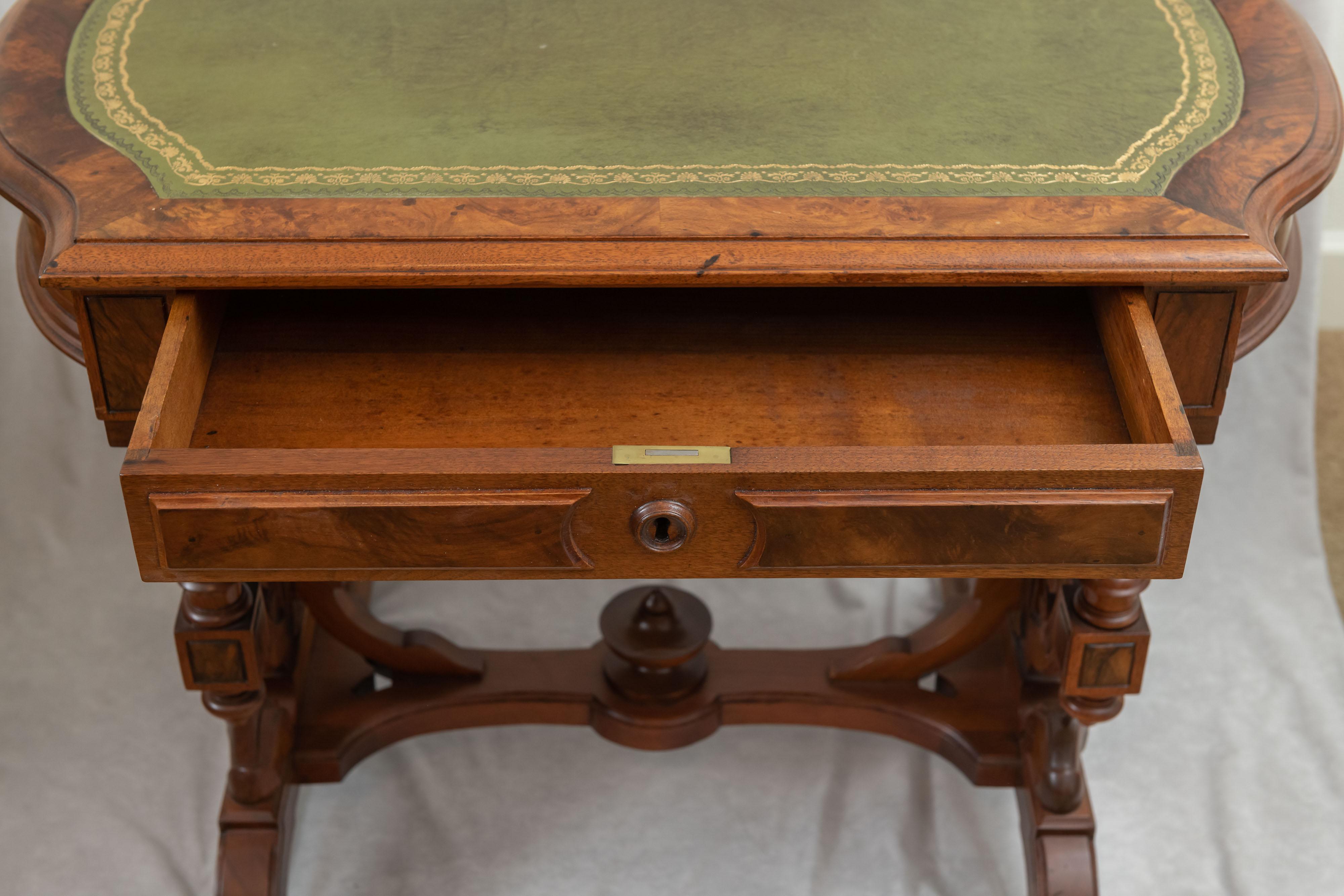 Machine-Made Renaissance Revival Walnut & Burl Writing Table w/ Leather Top, ca. 1870
