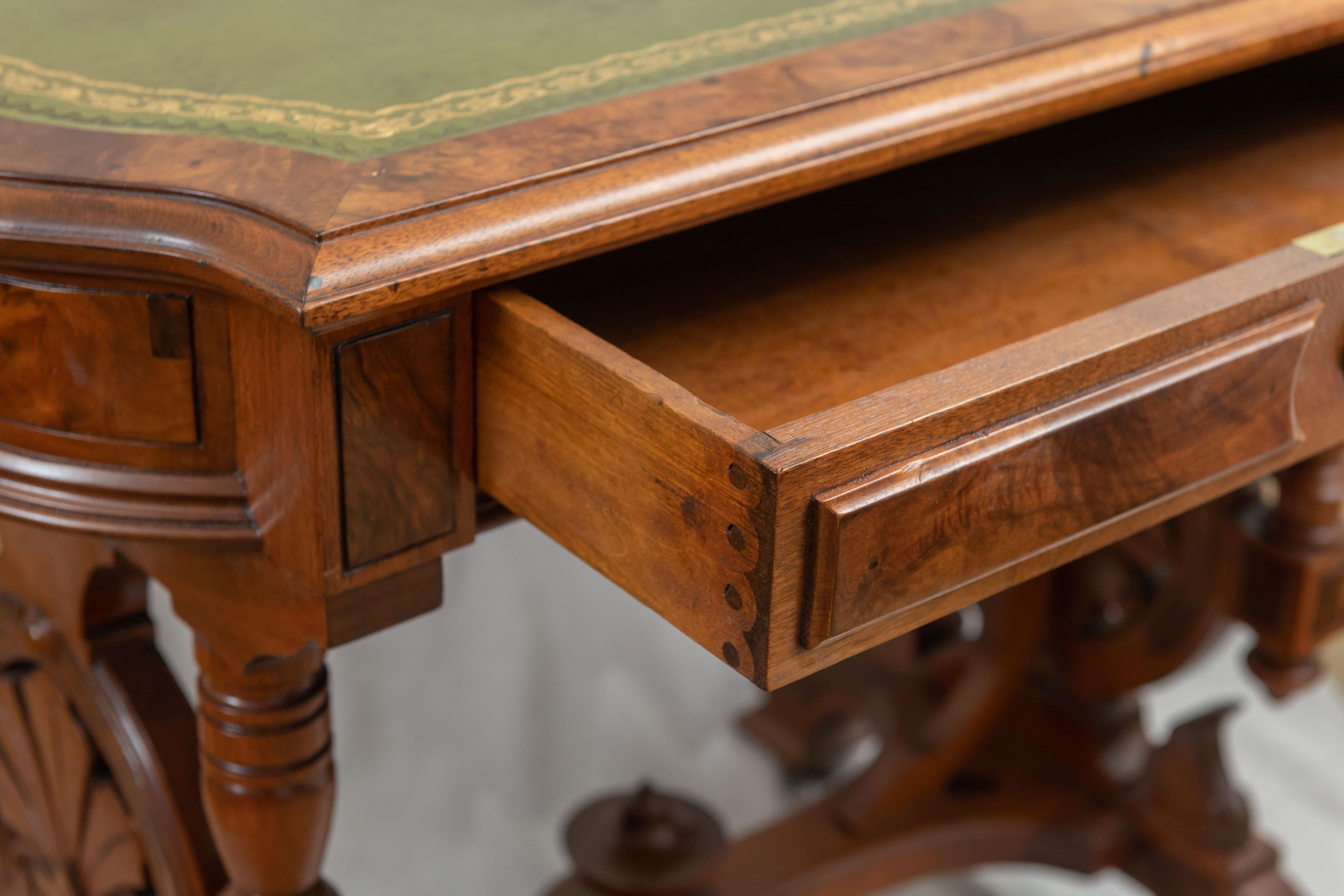 Late 19th Century Renaissance Revival Walnut & Burl Writing Table w/ Leather Top, ca. 1870
