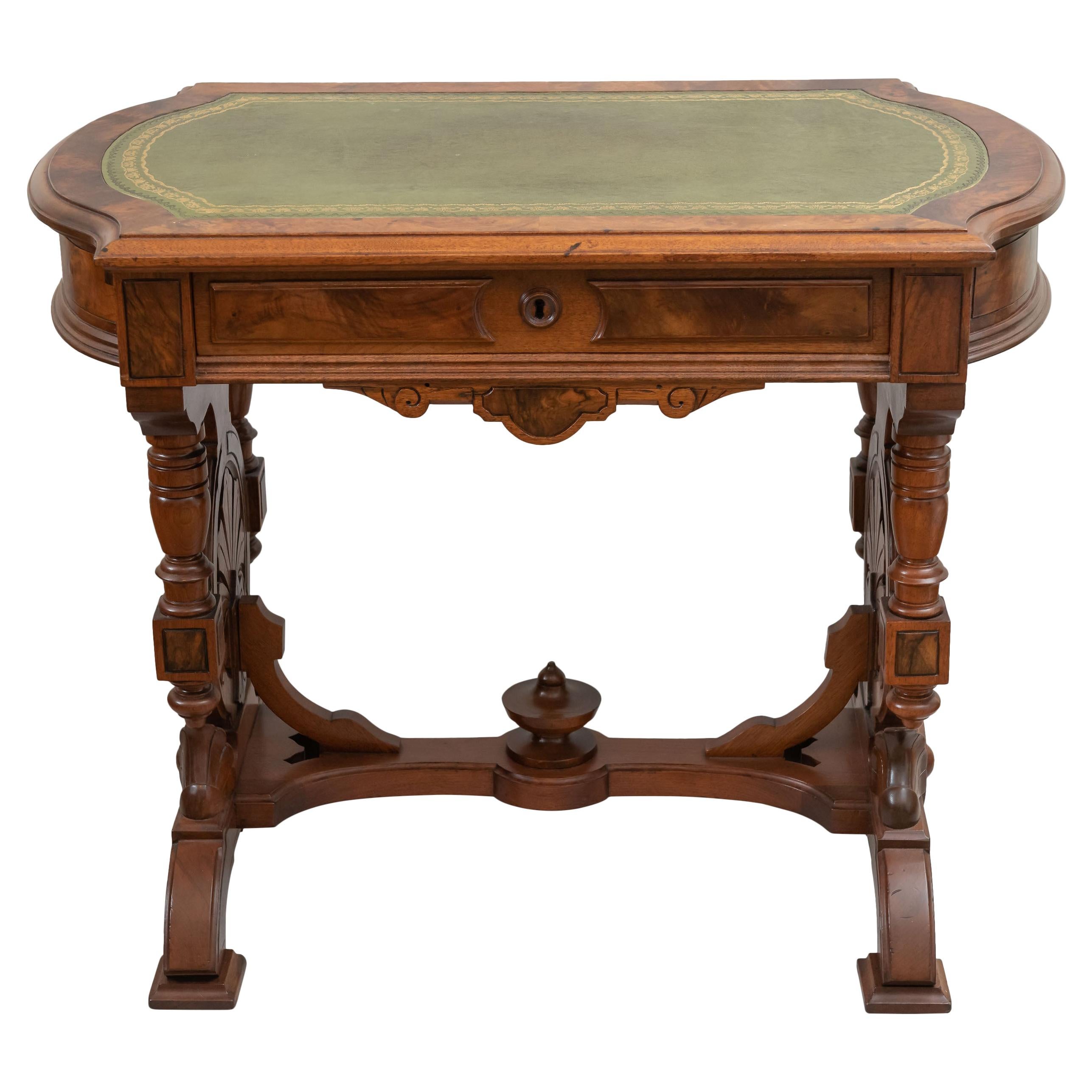 Renaissance Revival Walnut & Burl Writing Table w/ Leather Top, ca. 1870
