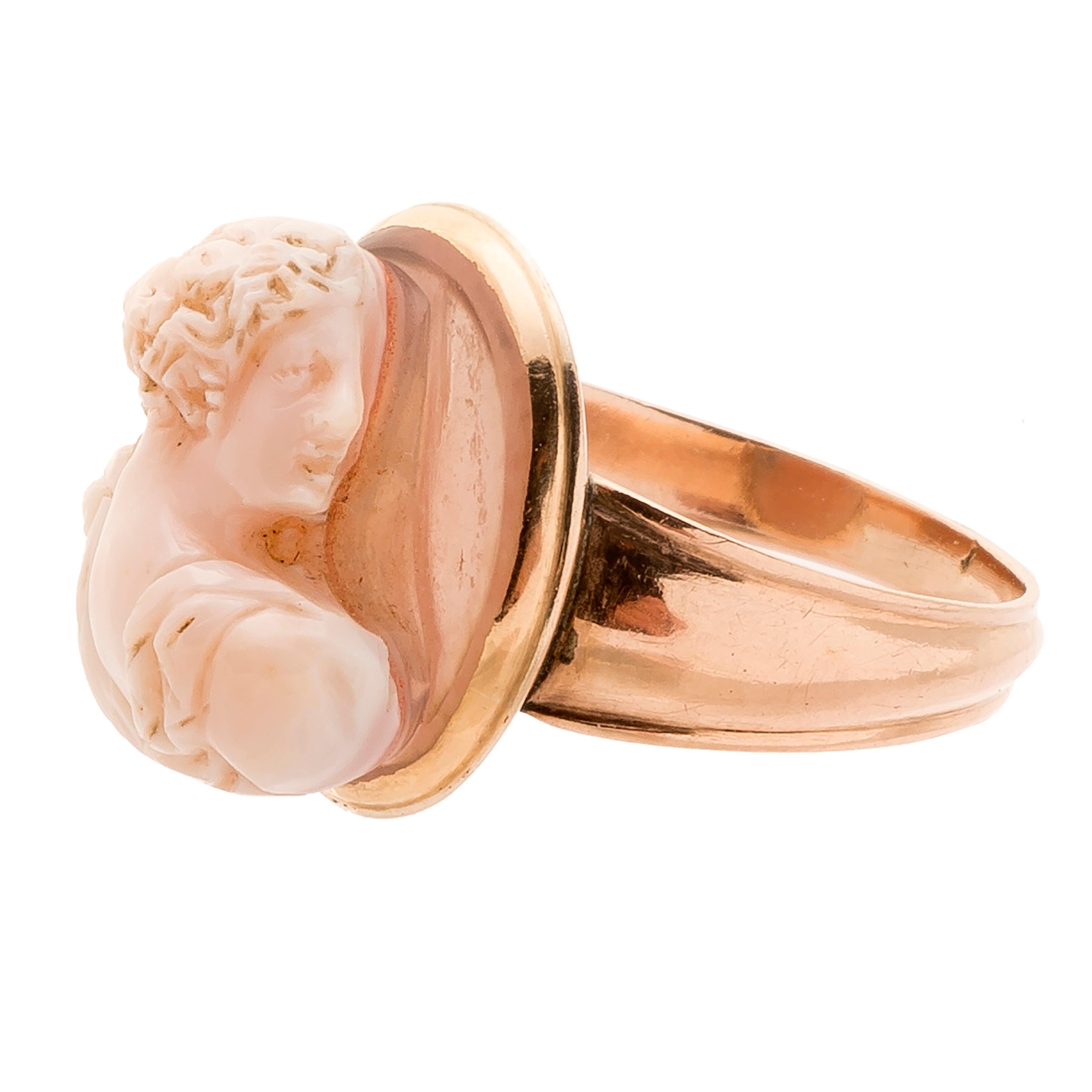 Ring with Renaissance cameo 
Probably Northern Italy, cameo late 16th-early 17th century; ring: second half 18th century  
Gold, sardonyx cameo (layered orange and translucent white) 
Weight 3.8 gr.; circumference 53.82 mm.; US size 6.75; UK size N
