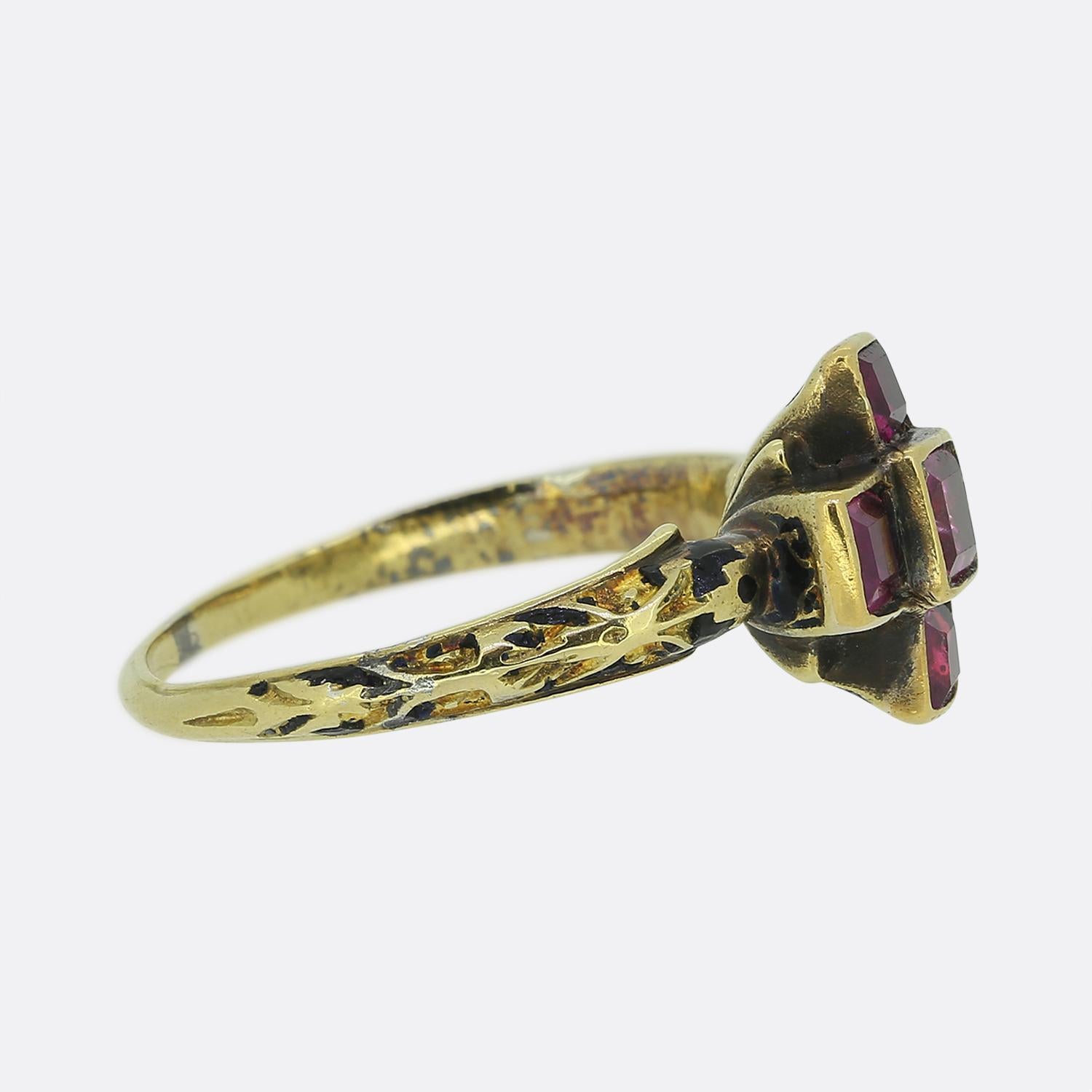 Square Cut Renaissance Ruby and Enamel Ring