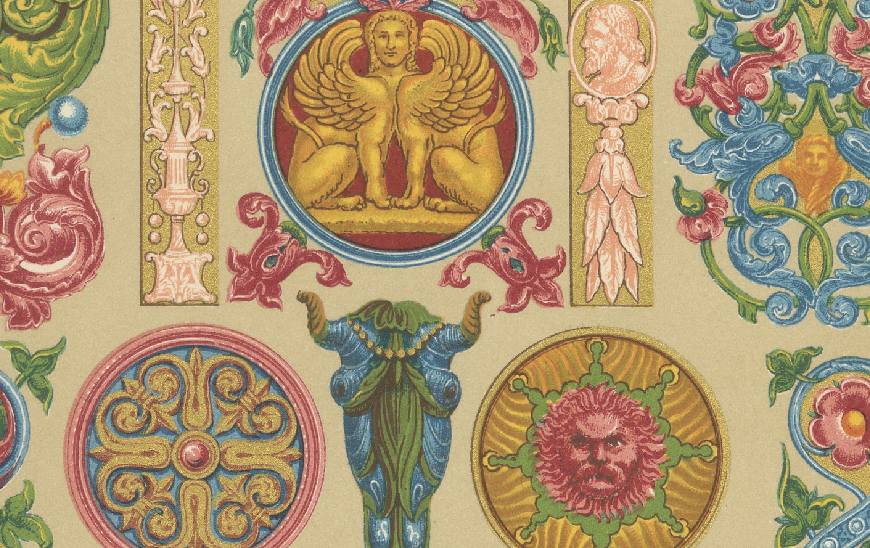Renaissance Scrollwork & Grotesques – Decorative Borders with Mythical Beasts, Pl. LII

This ornate chromolithograph from Plate LII of Albert Racinet’s L’Ornement Polychrome (Paris, c.1869) presents a stunning array of Renaissance scrollwork and