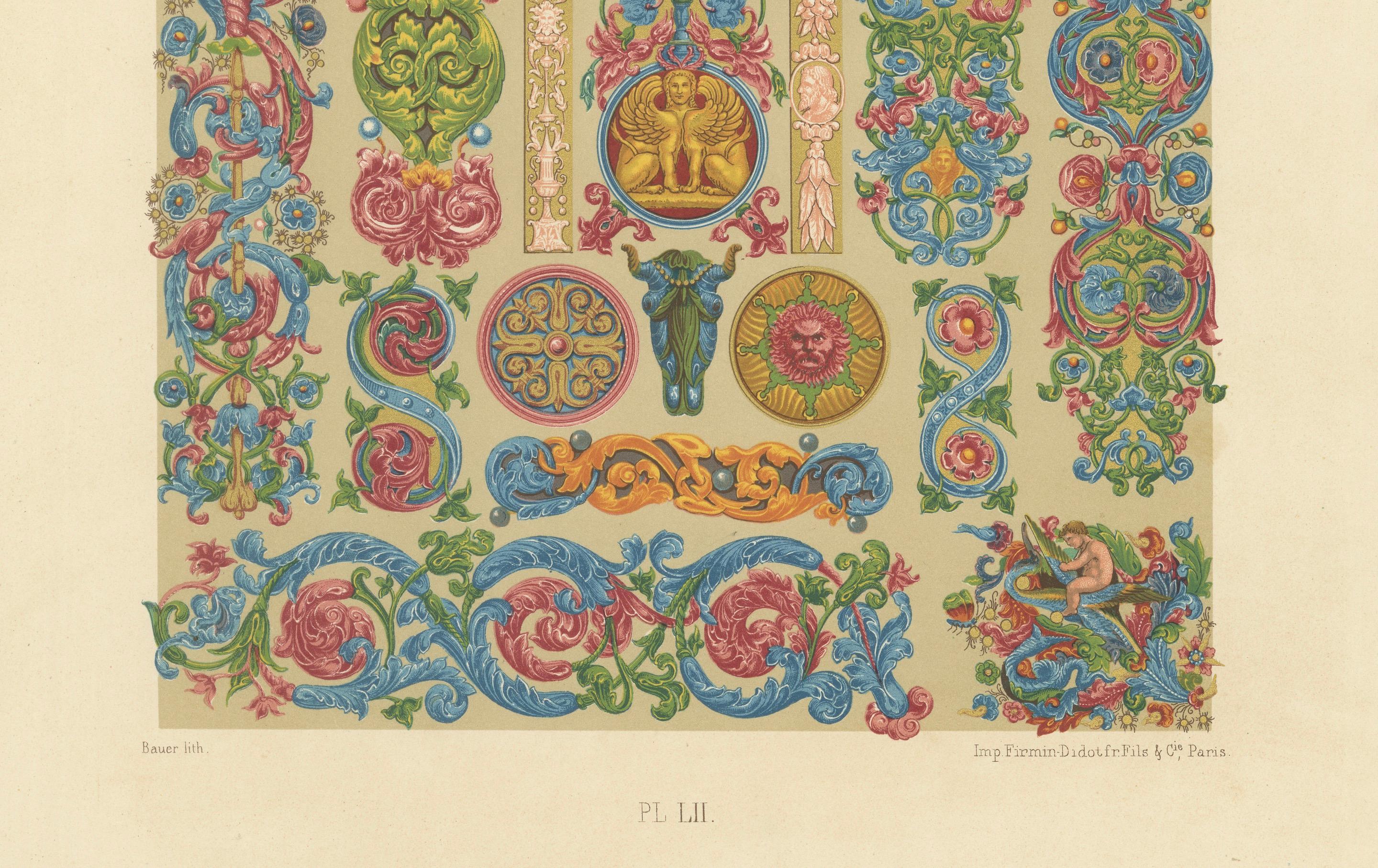 French Renaissance Scrollwork & Grotesques – Decorative Borders, Mythical Beasts, 1869 For Sale