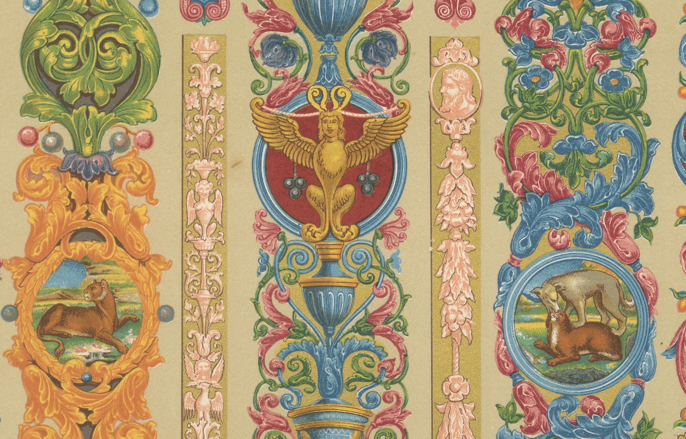 Renaissance Scrollwork & Grotesques – Decorative Borders, Mythical Beasts, 1869 In Good Condition For Sale In Langweer, NL