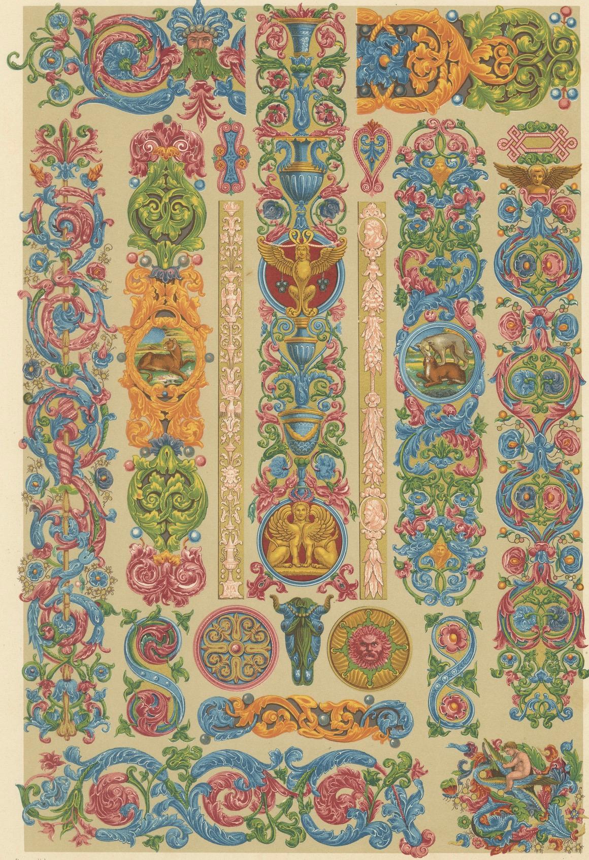 19th Century Renaissance Scrollwork & Grotesques – Decorative Borders, Mythical Beasts, 1869 For Sale