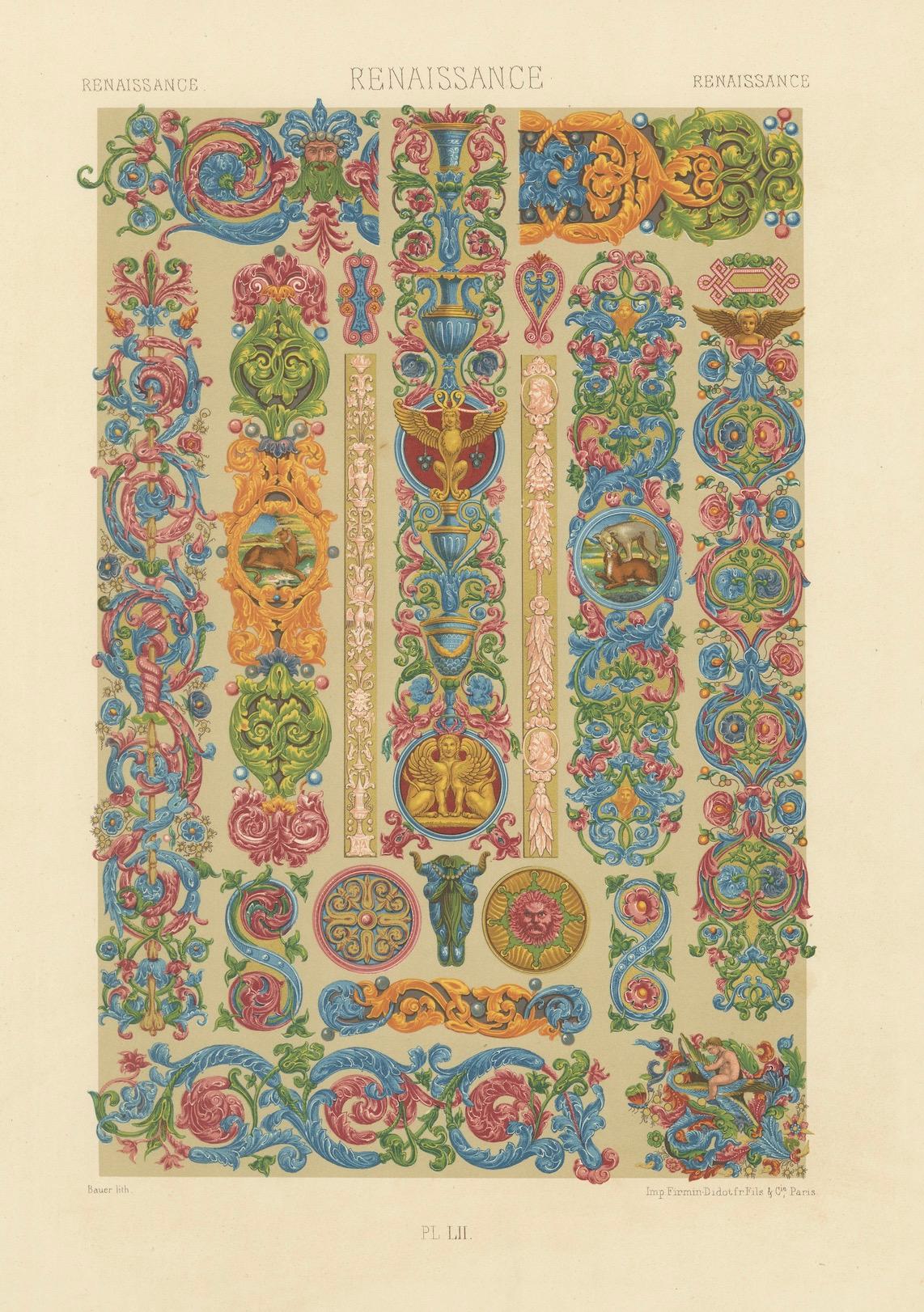 Paper Renaissance Scrollwork & Grotesques – Decorative Borders, Mythical Beasts, 1869 For Sale