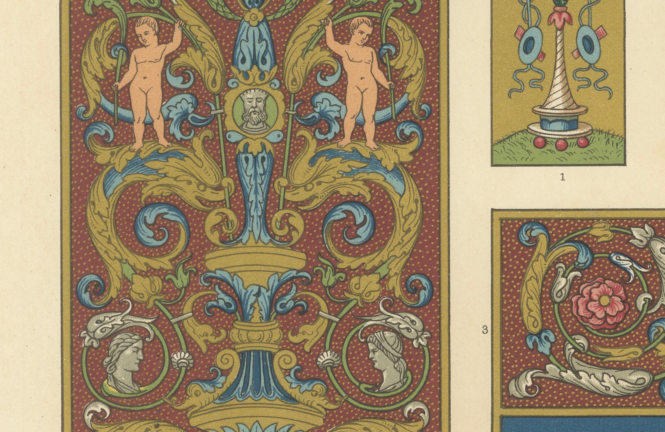 Pergamino renacentista con querubines y grotescos - Ornamento clásico, Pl. LV

Esta cromolitografía ricamente coloreada, Lámina LV de *L'Ornement Polychrome* (París, hacia 1869), muestra cinco exquisitos paneles decorativos renacentistas de estilo