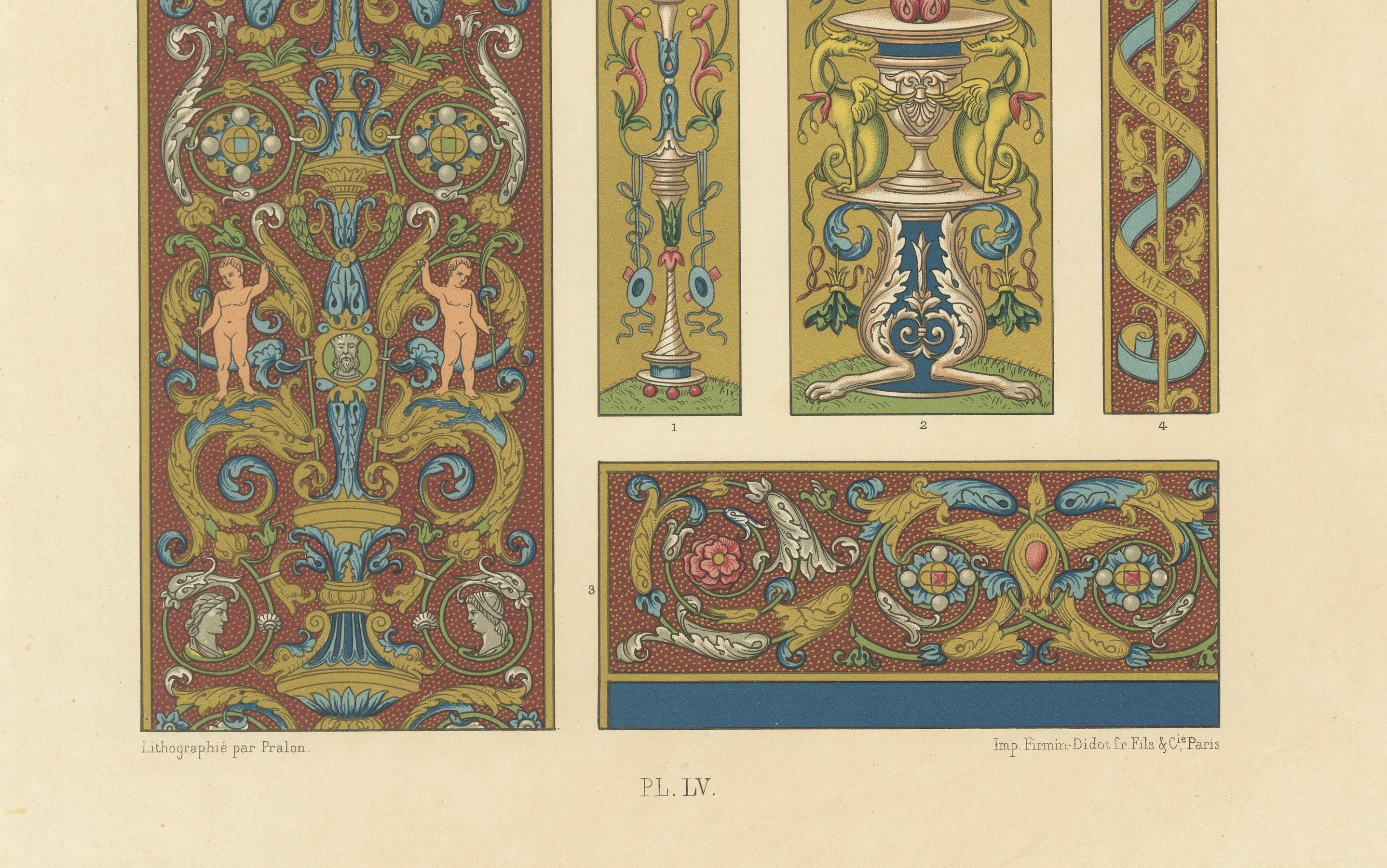 Pergamino renacentista con querubines y grotescos - Ornamento clásico, 1869 en Bueno estado para la venta en Langweer, NL