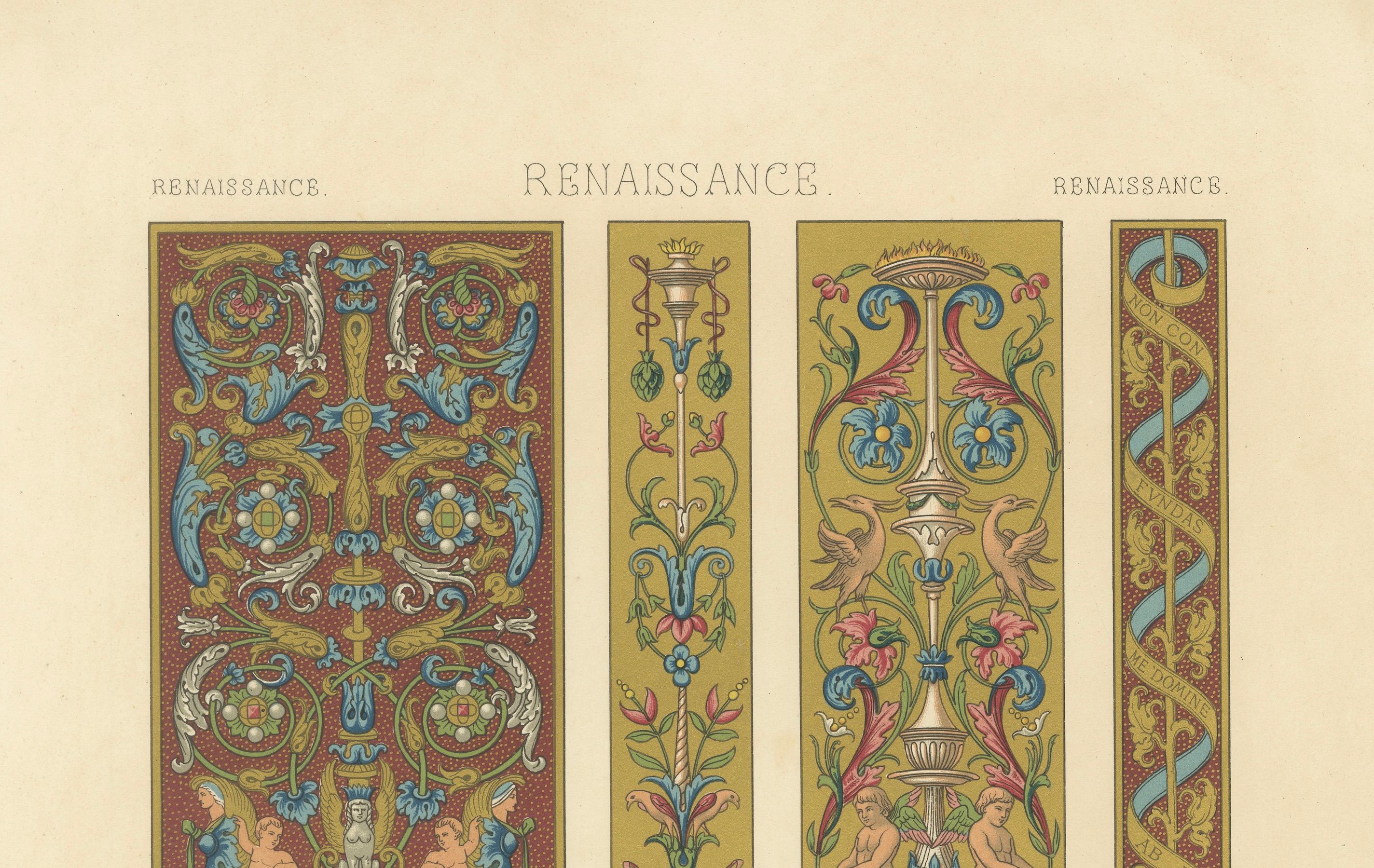 Pergamino renacentista con querubines y grotescos - Ornamento clásico, 1869 siglo XIX en venta