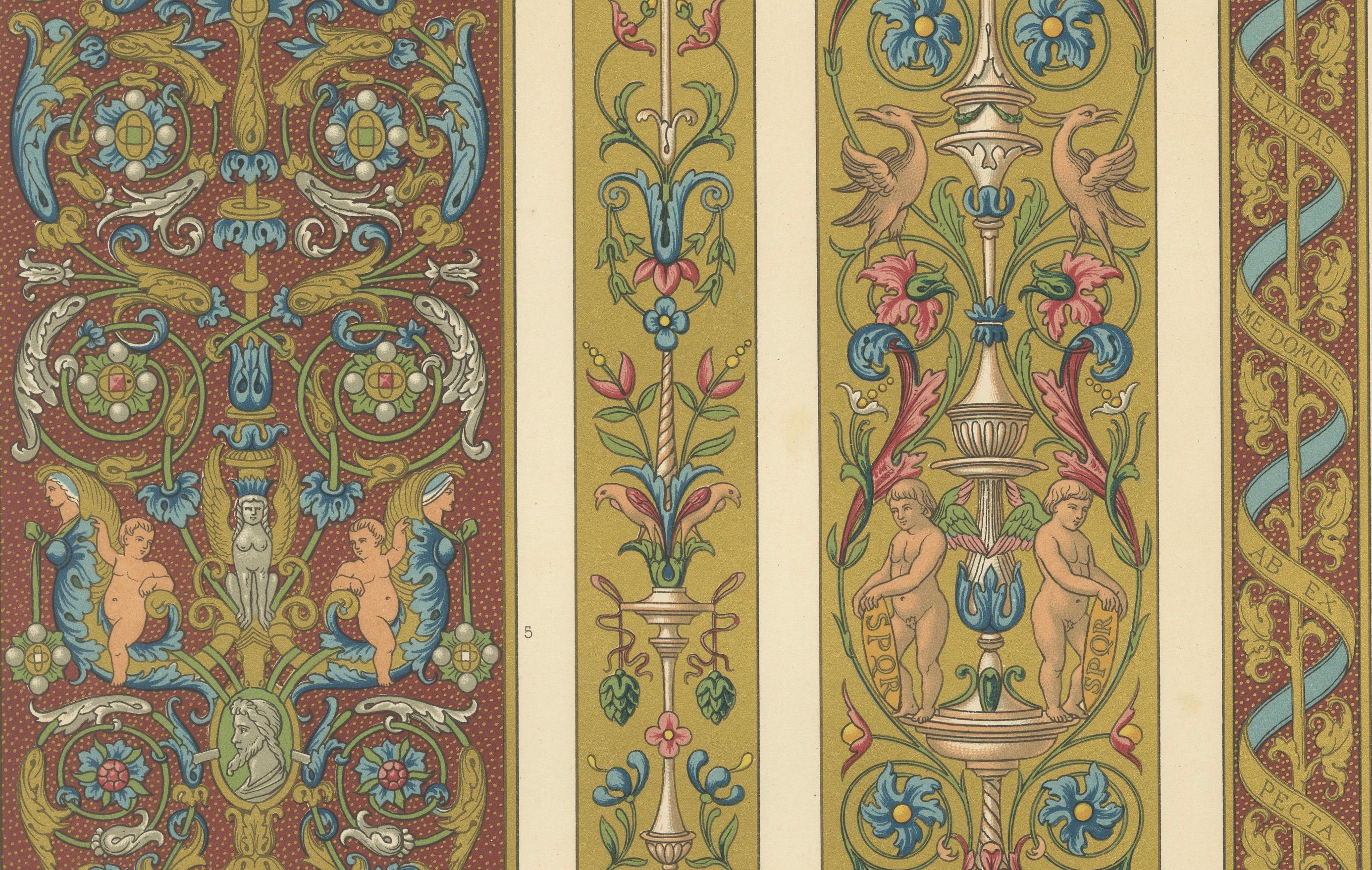 Pergamino renacentista con querubines y grotescos - Ornamento clásico, 1869 Papel en venta