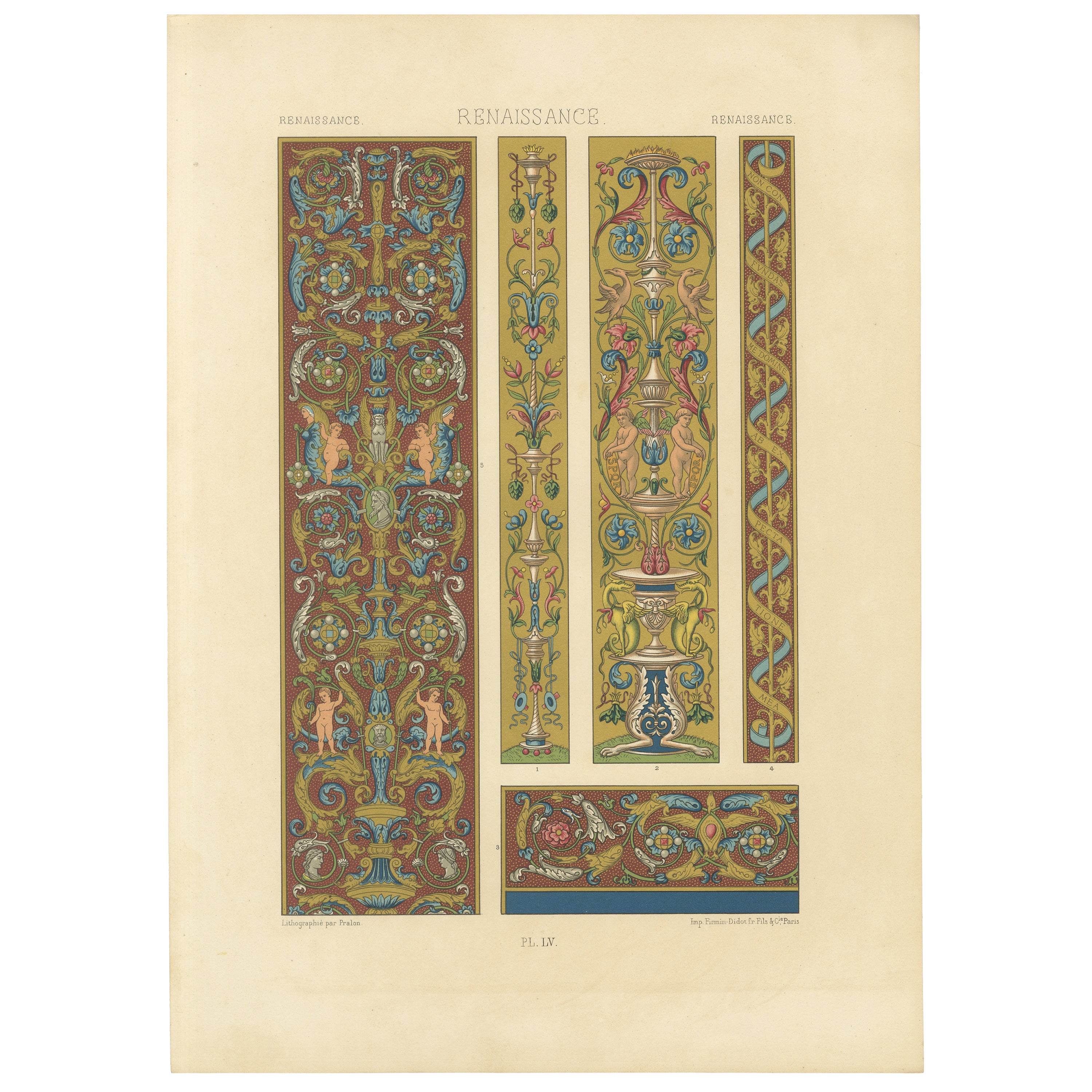 Pergamino renacentista con querubines y grotescos - Ornamento clásico, 1869
