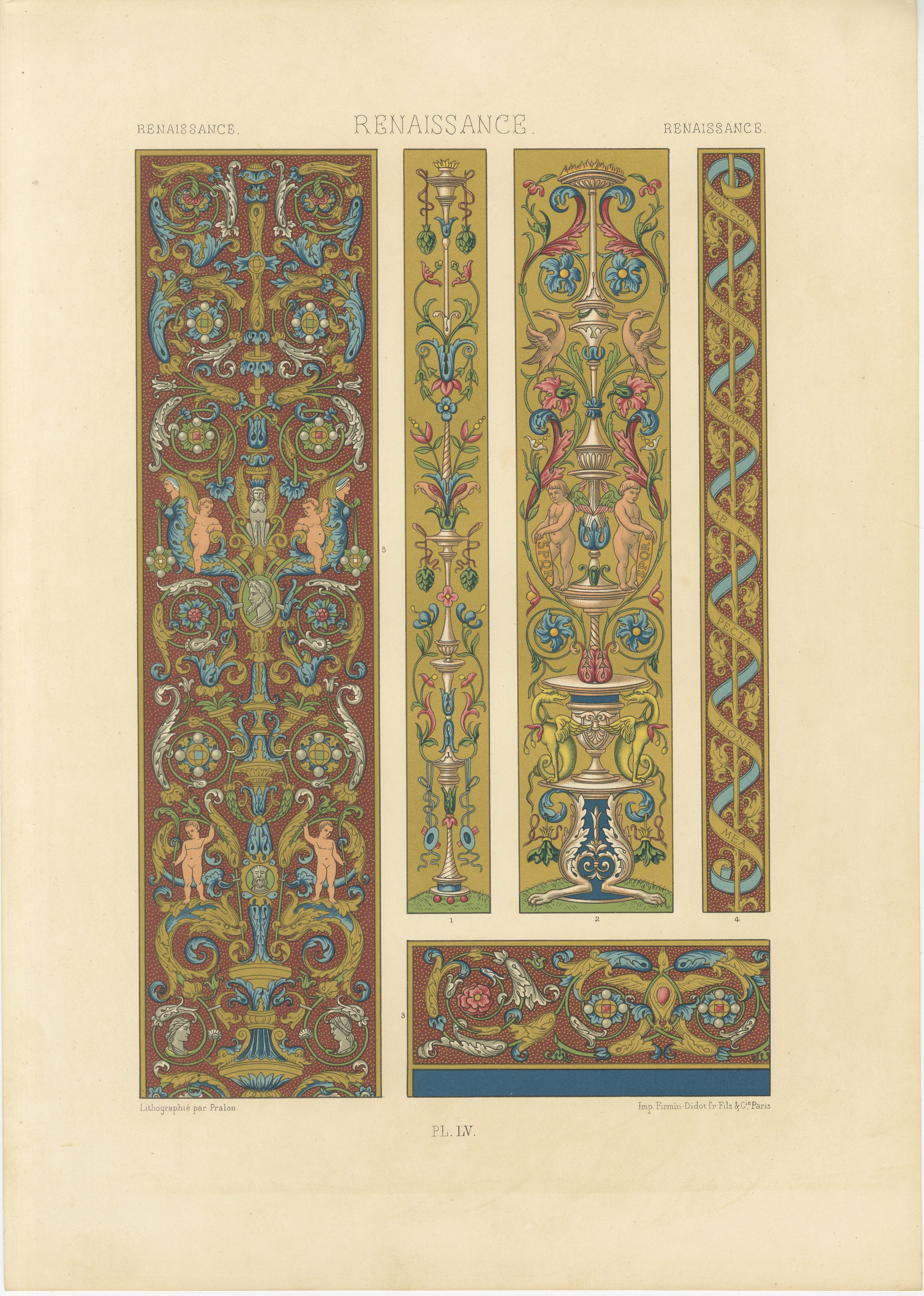 Pergamino renacentista con querubines y grotescos - Ornamento clásico, 1869 en venta