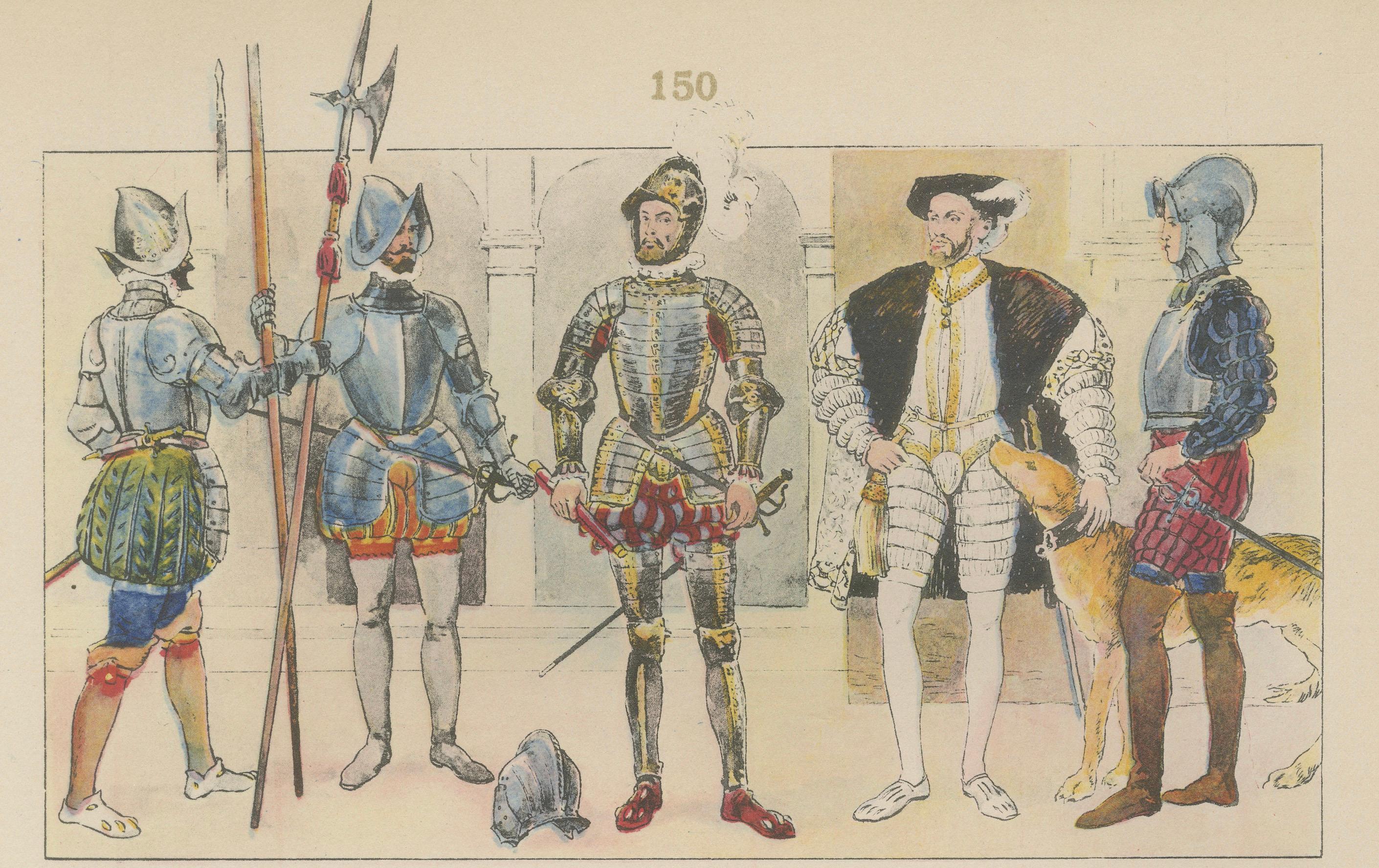 Renaissance Spain Costume & Armour Print, 1880 Chromolithograph by Tilke