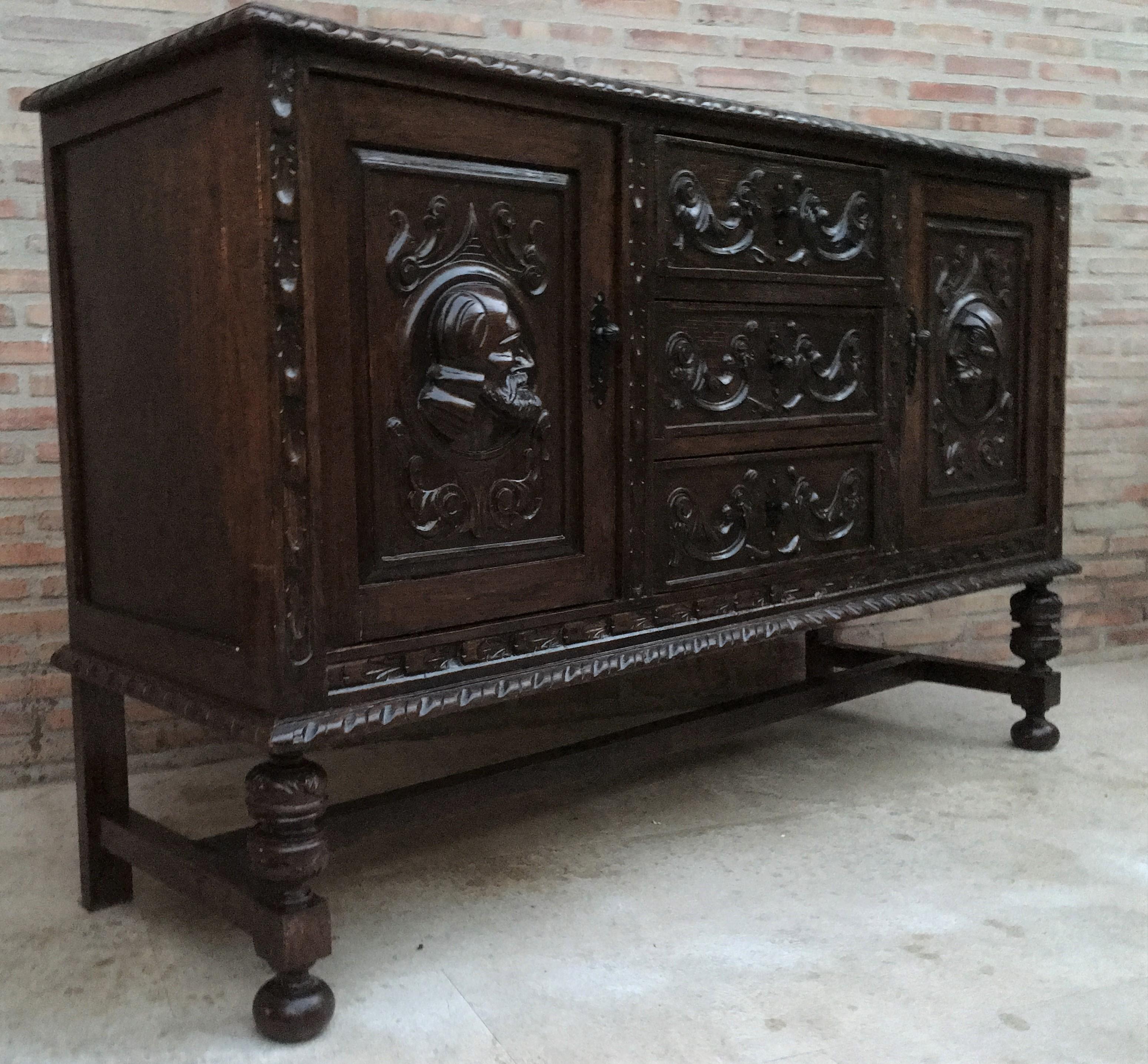 19th Century Renaissance Spanish Buffet with Two Doors, Three Drawers For Sale