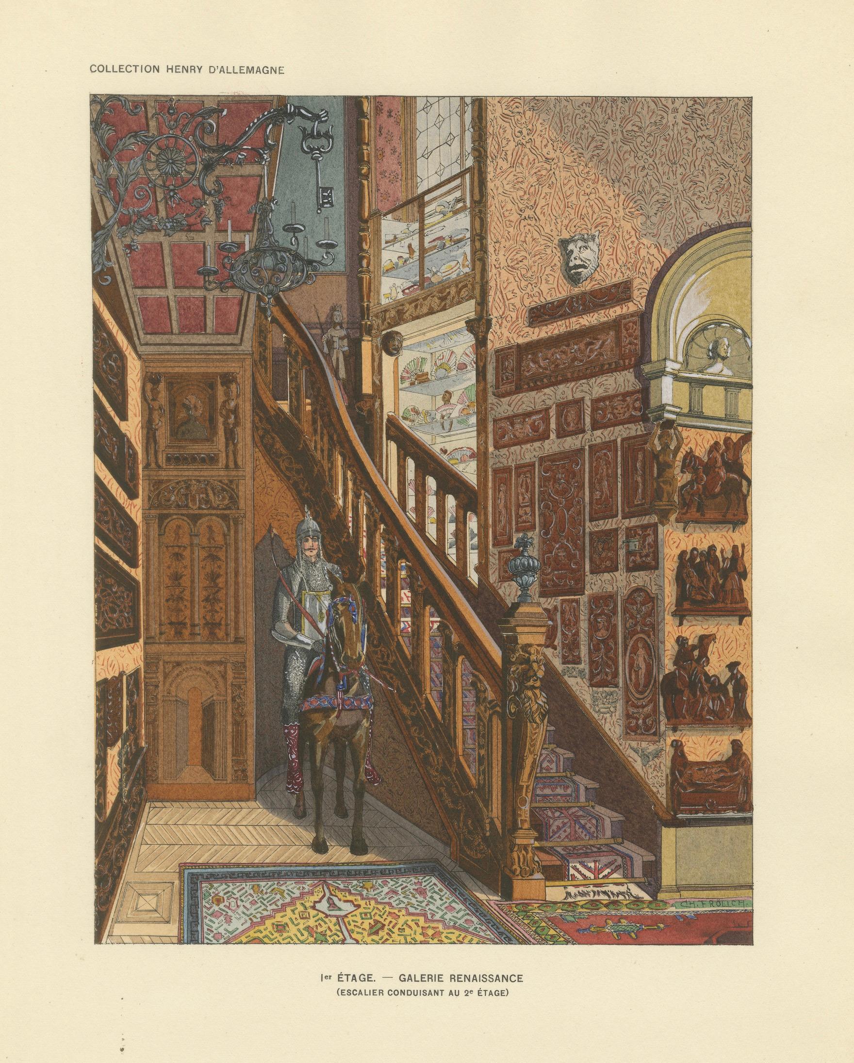 Renaissance Stair Hall with Armored Knight Figure, c.1900