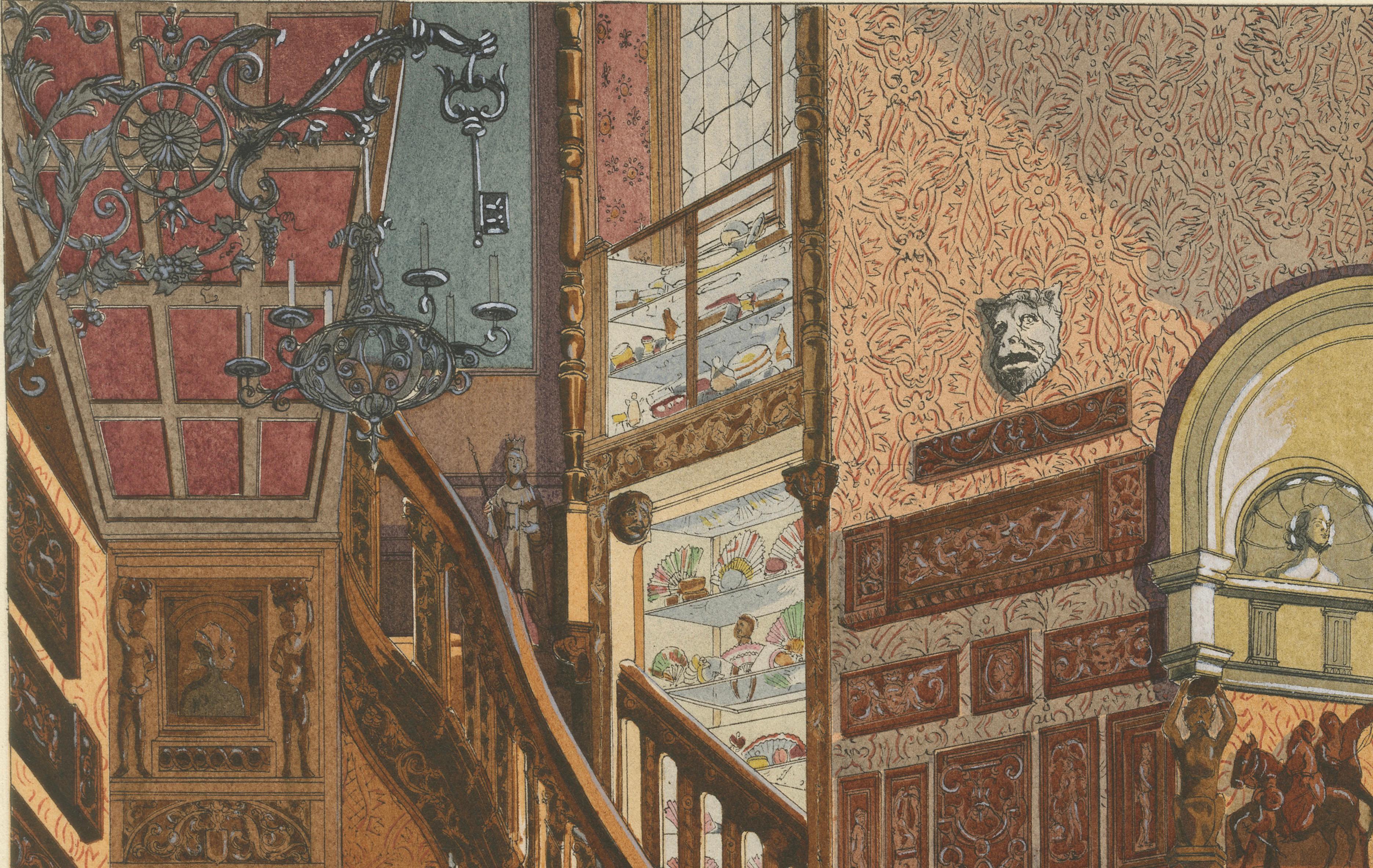 Renaissance Stair Hall with Armored Knight Figure, c.1900
