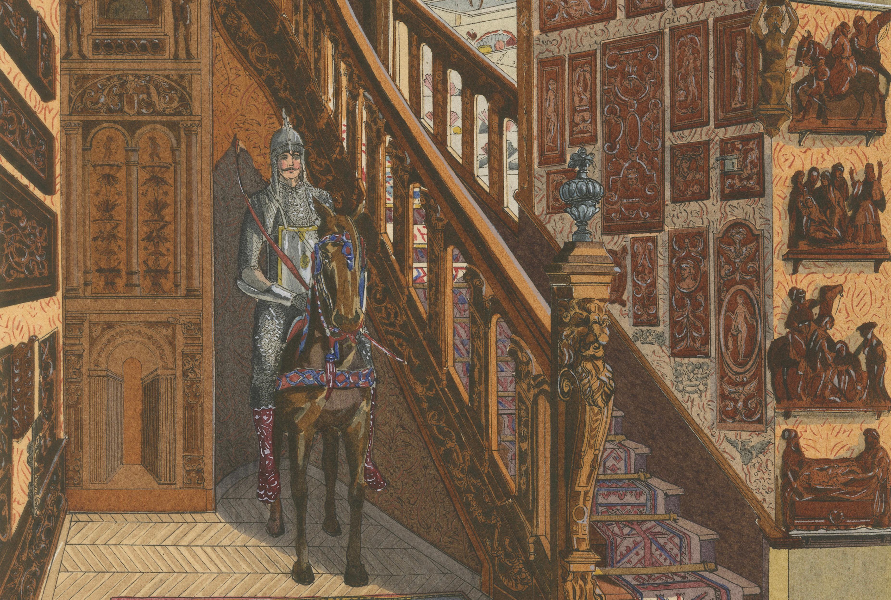 Renaissance Stair Hall with Armored Knight Figure, c.1900