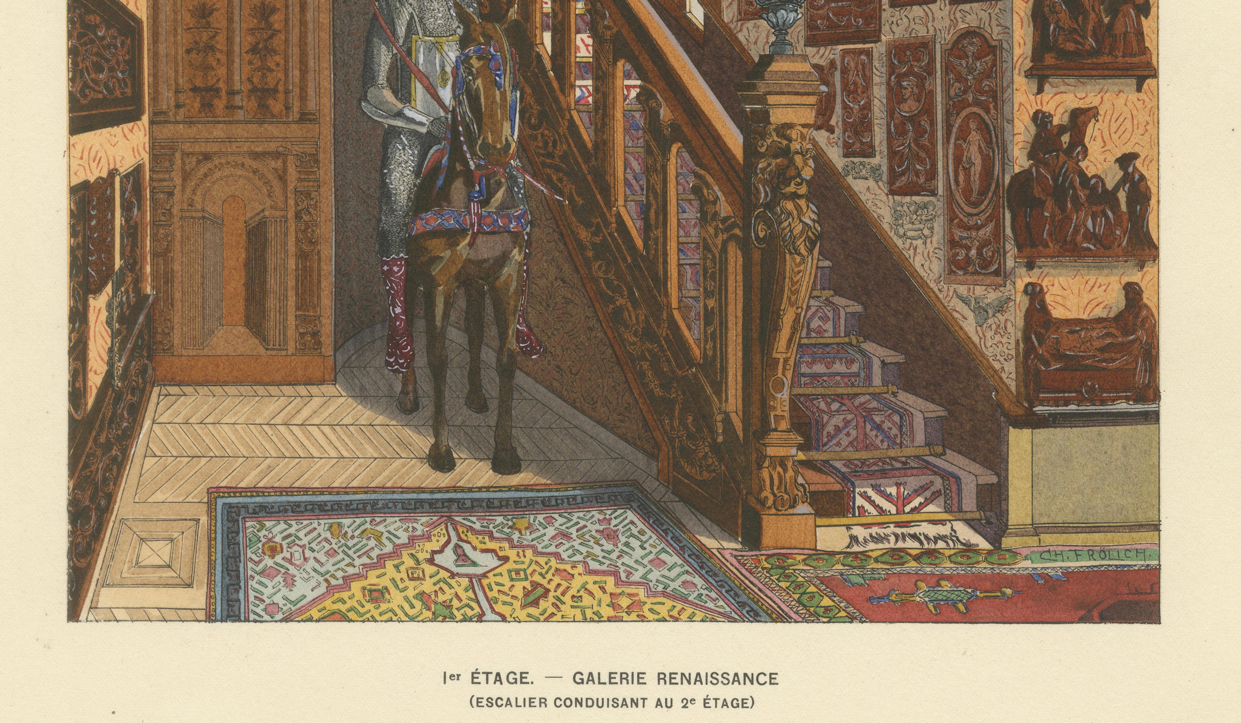Renaissance Stair Hall with Armored Knight Figure, c.1900