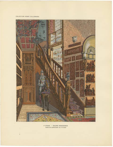 Renaissance Stair Hall with Armored Knight Figure, c.1900