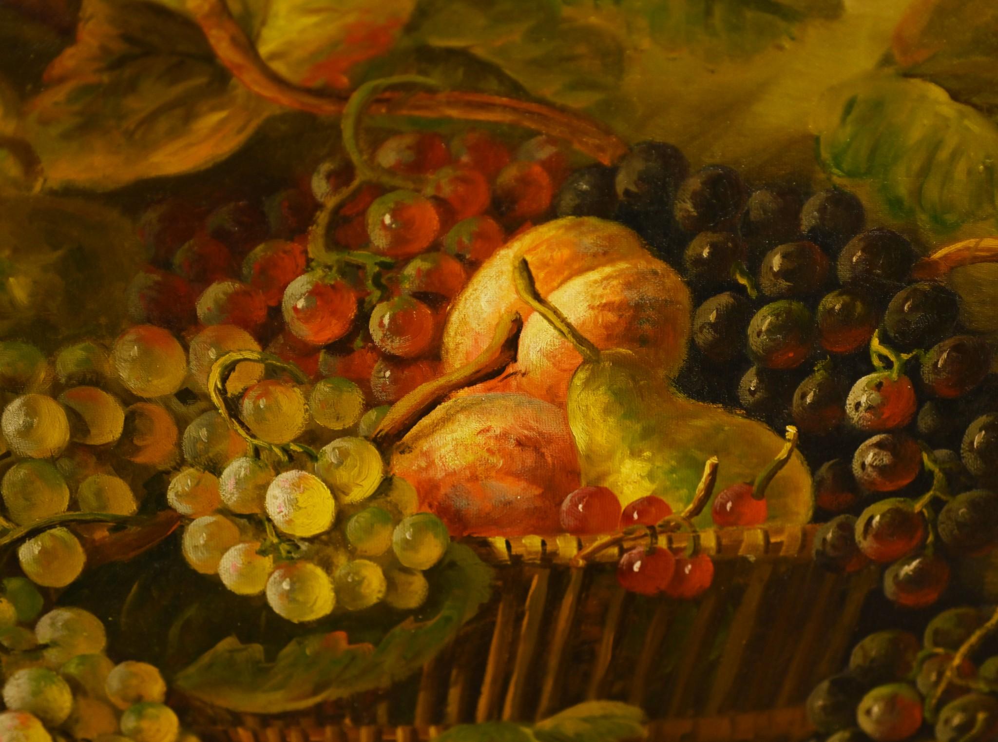 Late 20th Century Renaissance Still Life Oil Painting Grape Fruit Italian Art For Sale