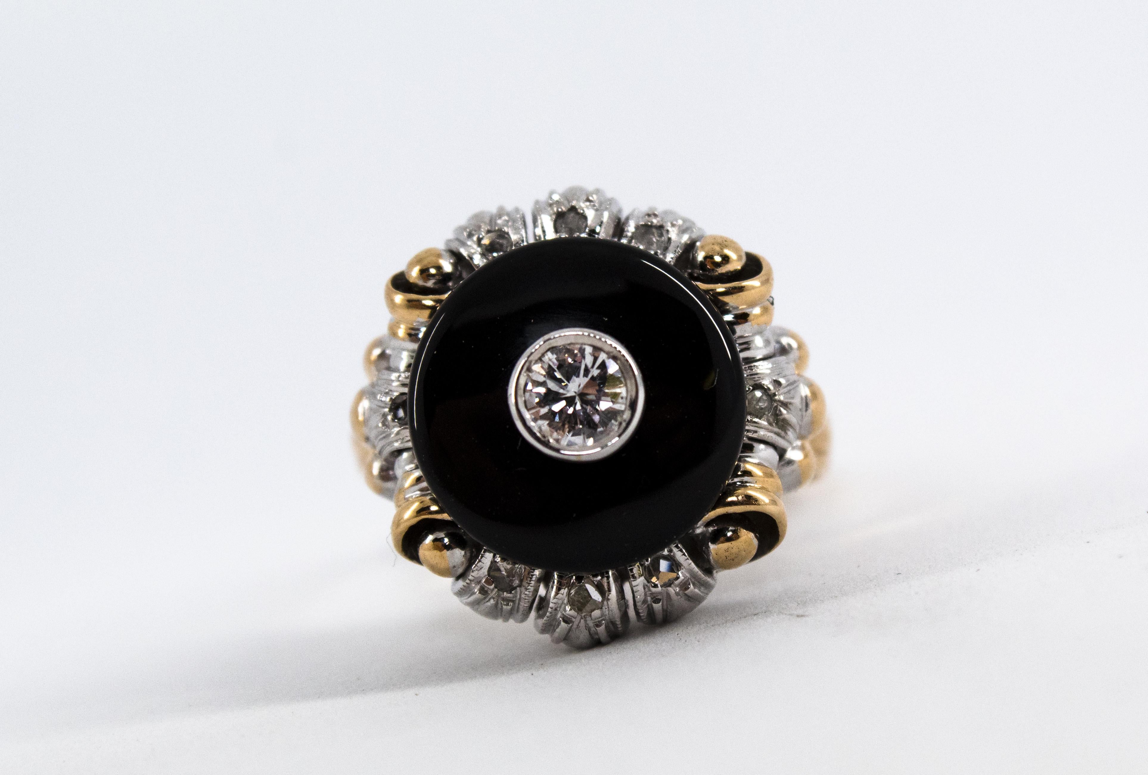 Renaissance Style 0.20 Carat White Diamond Onyx Yellow Gold Cocktail Ring 3