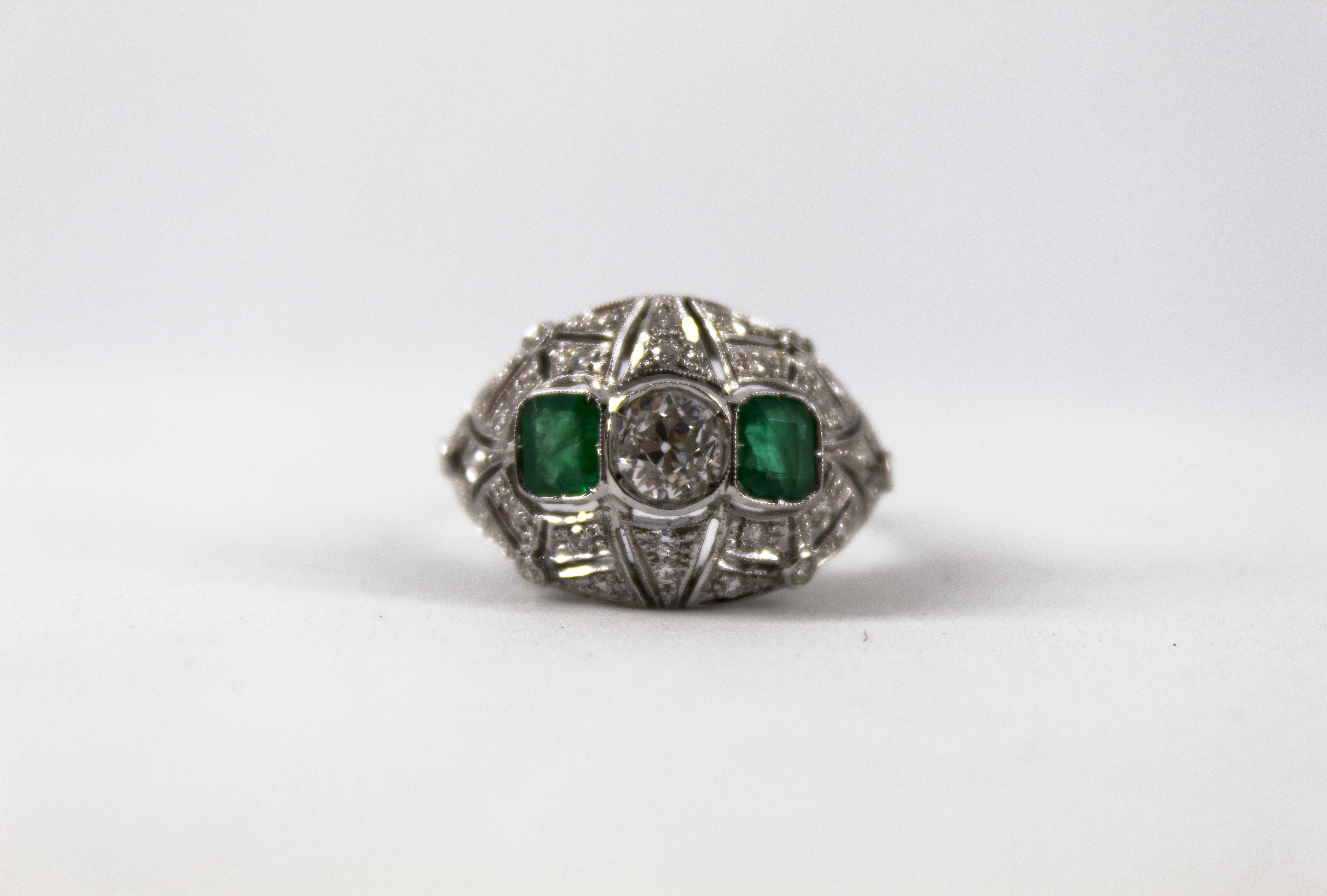 Women's or Men's Renaissance Style 0.60 Carat Emerald 1.00 Carat White Diamond White Gold Ring