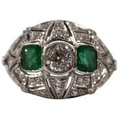 Renaissance Style 0.60 Carat Emerald 1.00 Carat White Diamond White Gold Ring