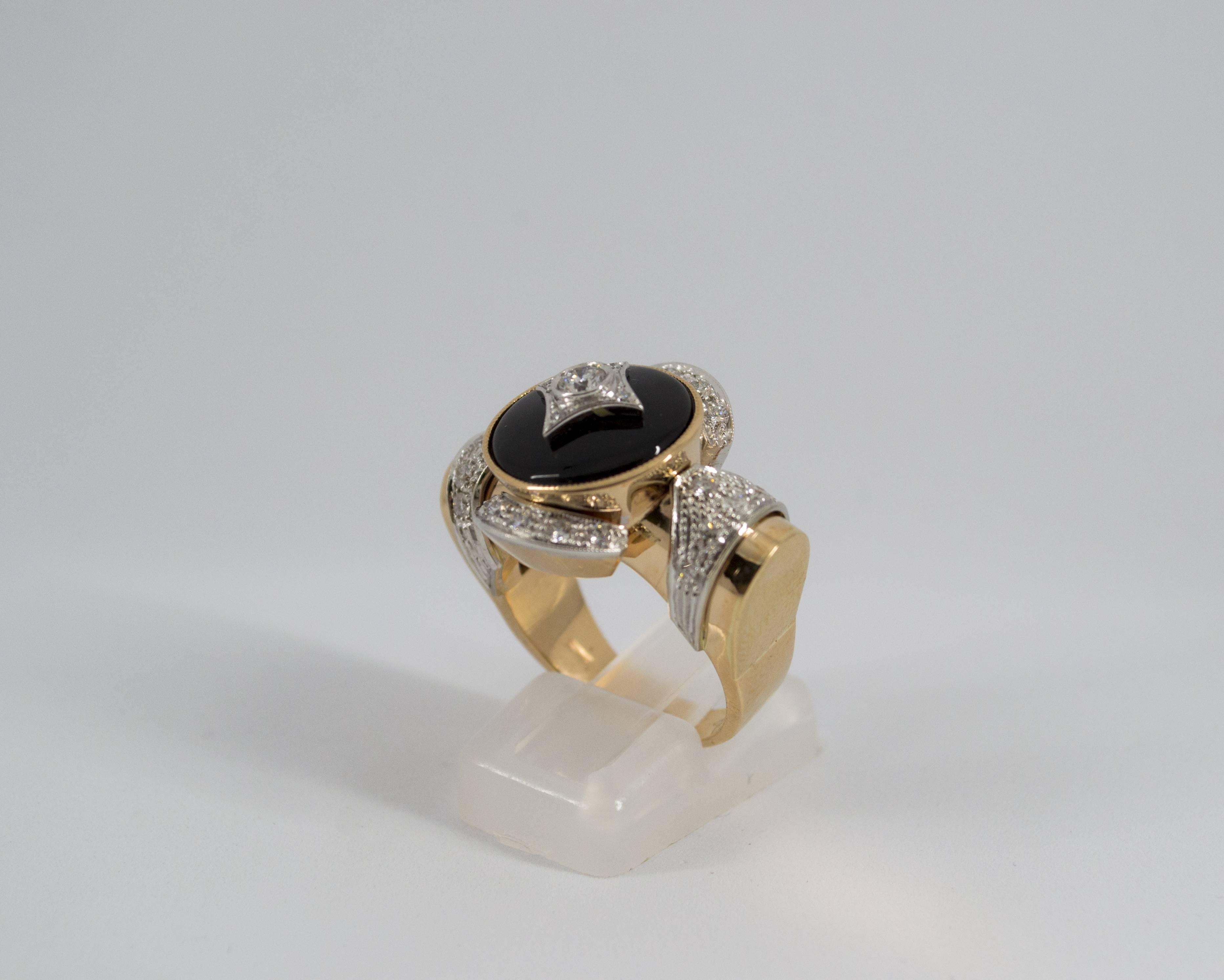 Renaissance Style 0.75 Carat Diamond Onyx Yellow Gold Cocktail Ring 5