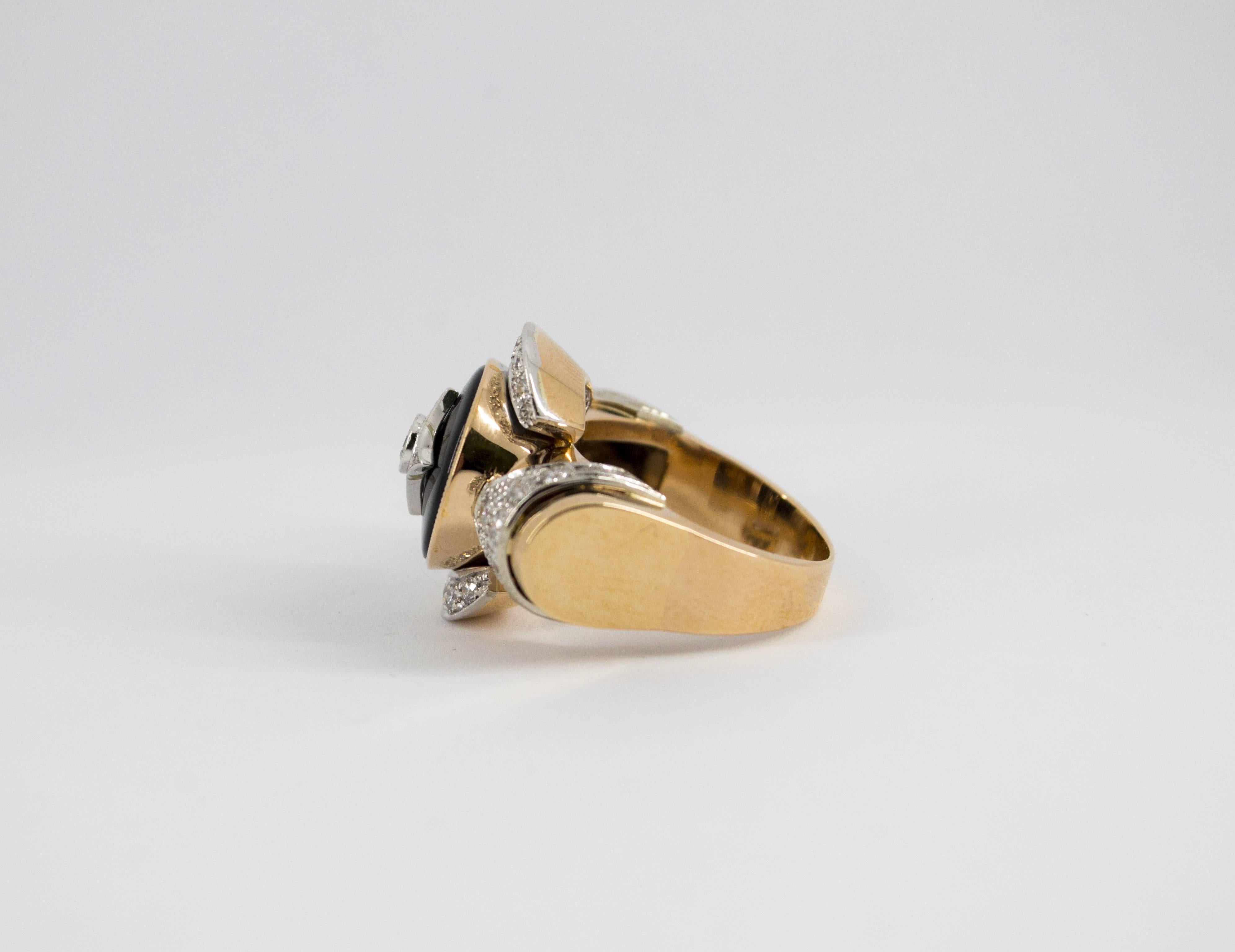 Women's or Men's Renaissance Style 0.75 Carat Diamond Onyx Yellow Gold Cocktail Ring