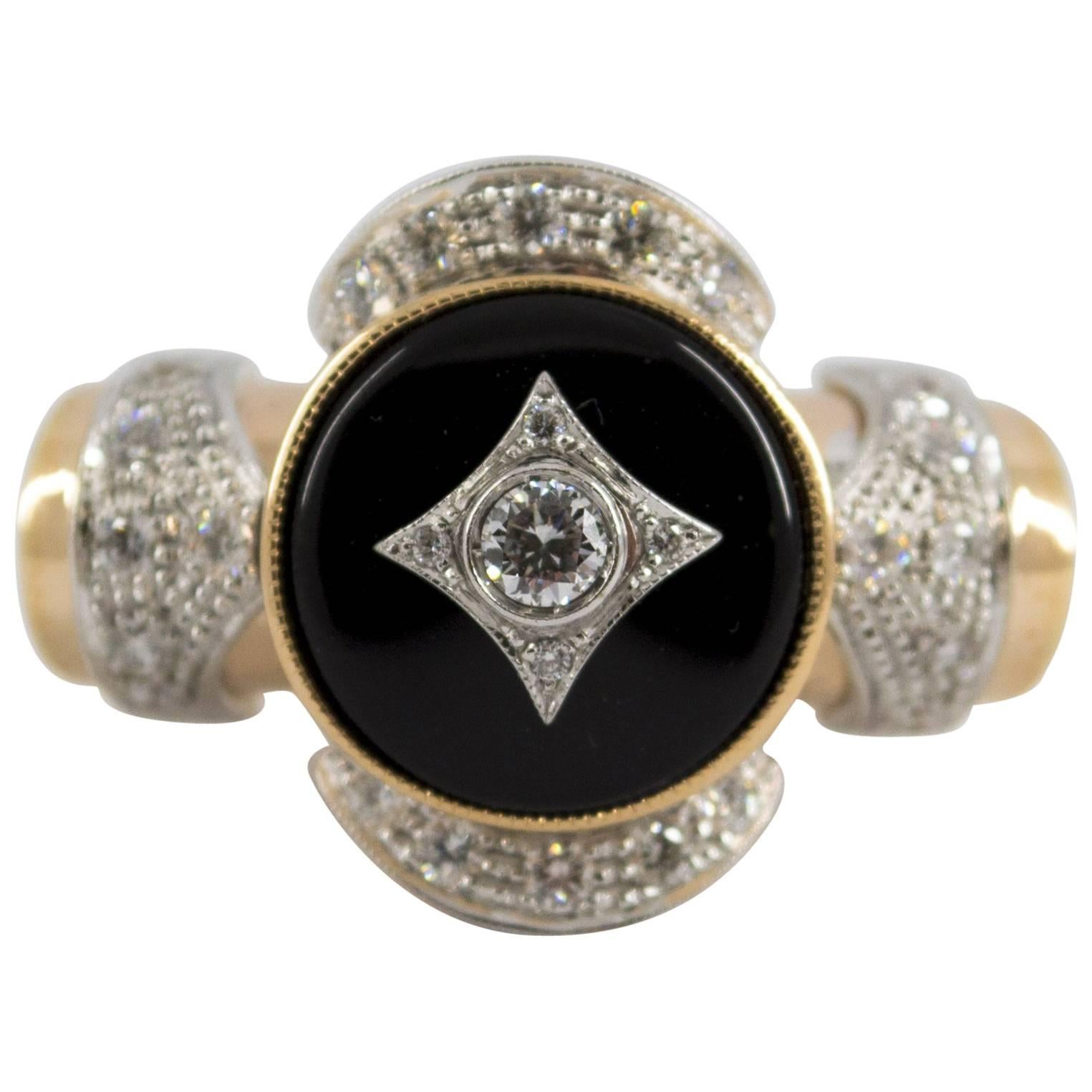 Renaissance Style 0.75 Carat Diamond Onyx Yellow Gold Cocktail Ring