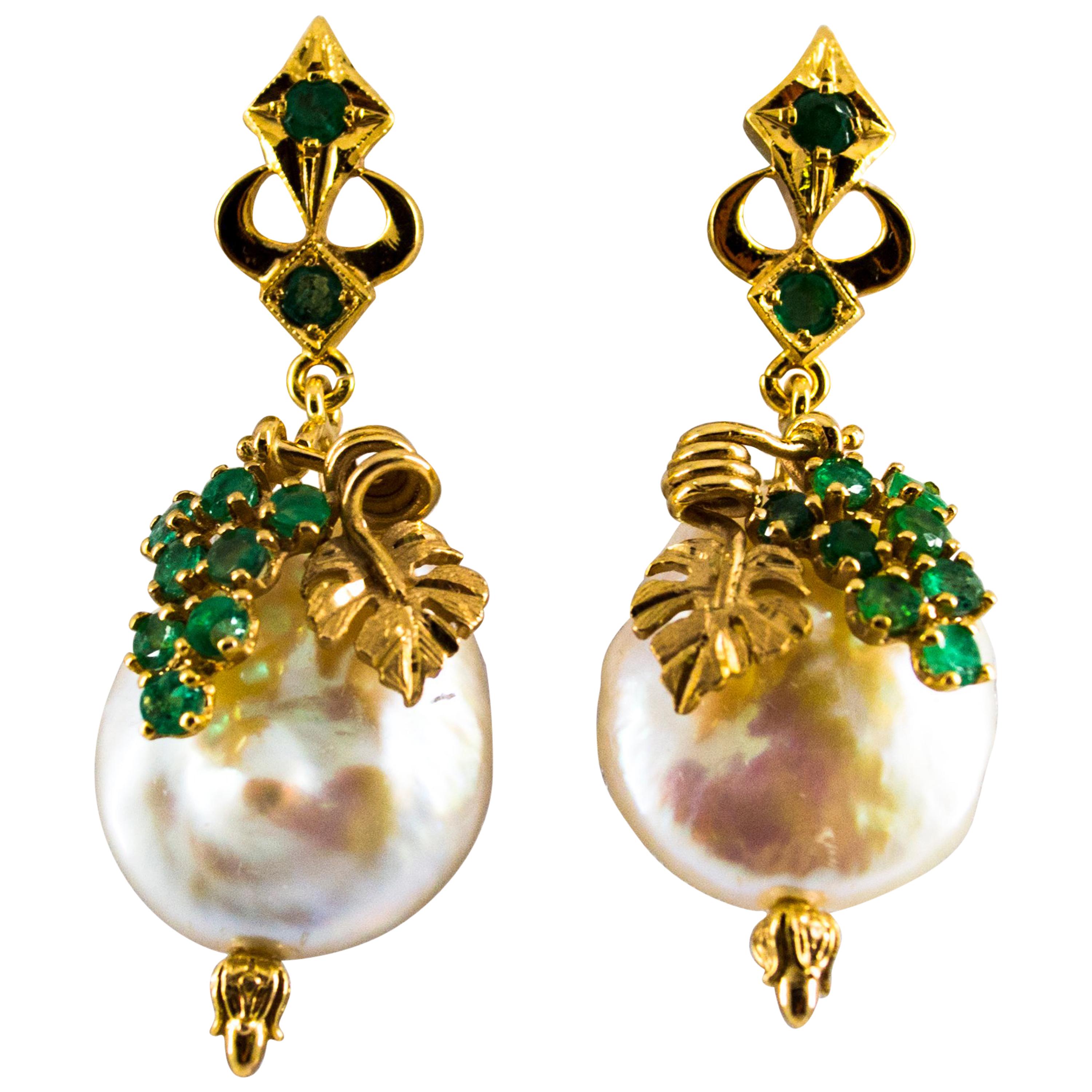 Renaissance Style 1.00 Carat Emerald Pearl Yellow Gold Dangle Stud Earrings