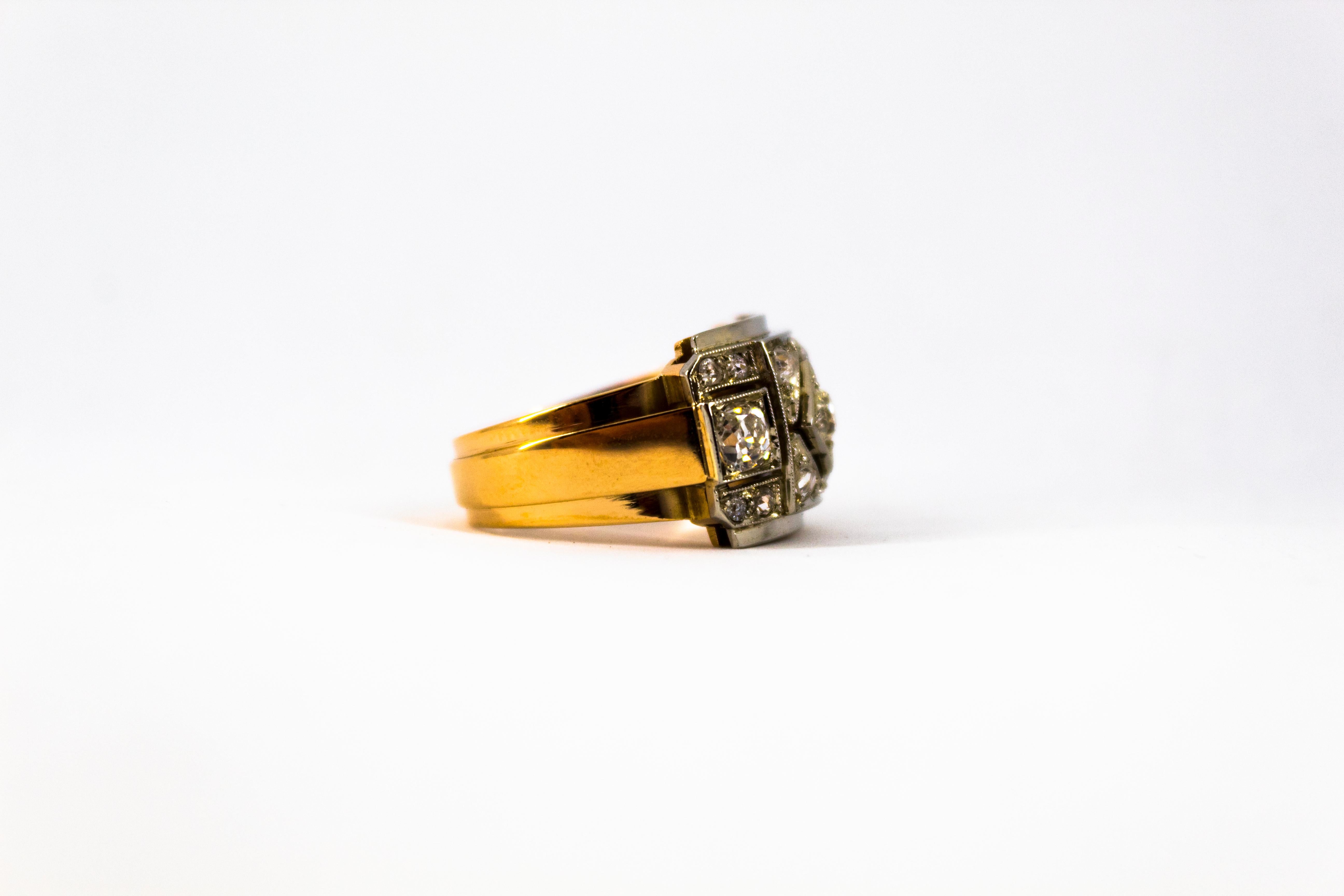 Renaissance Style 1.20 Carat White Diamond Yellow Gold Band Ring 8