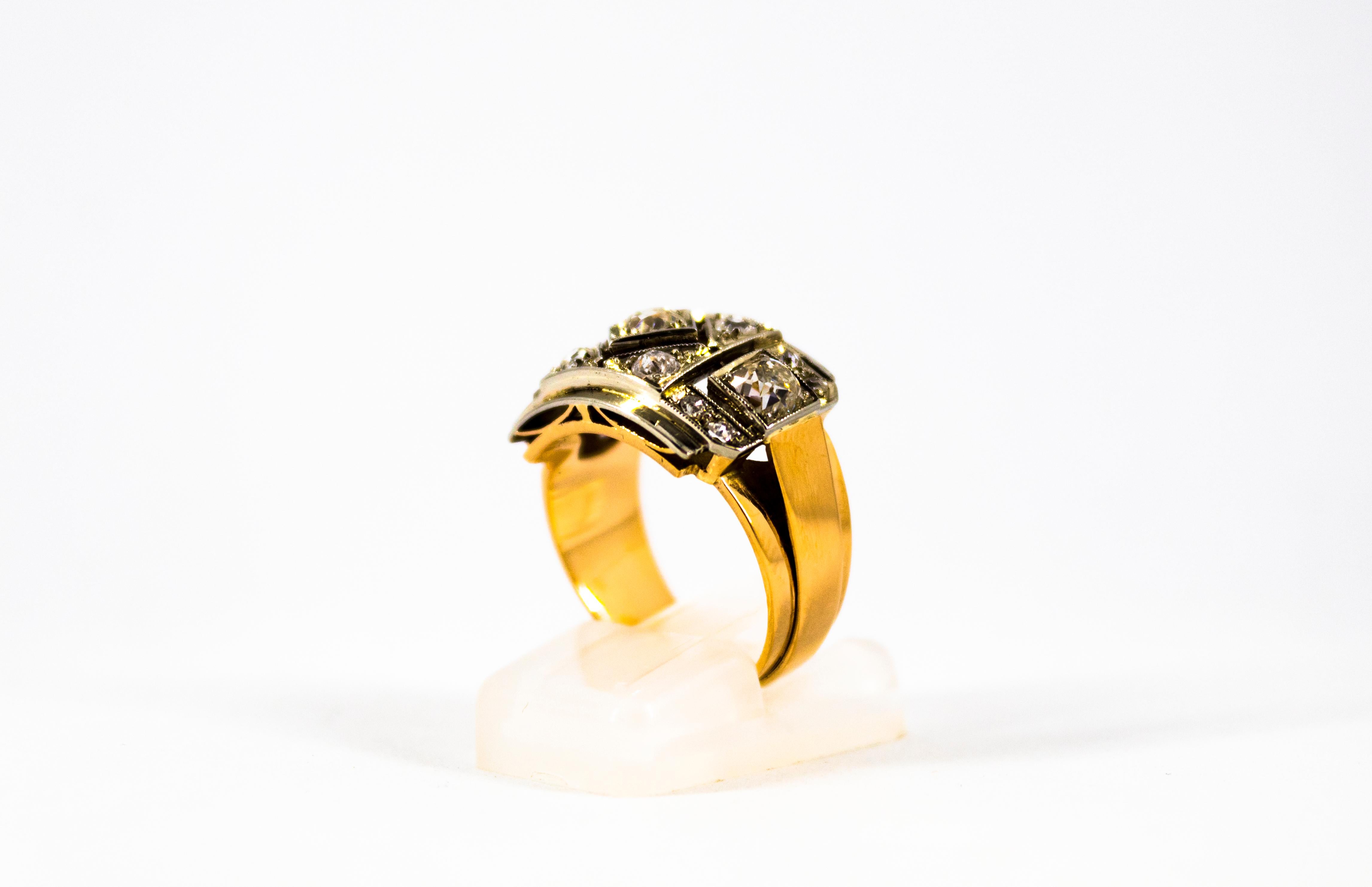 Renaissance Style 1.20 Carat White Diamond Yellow Gold Band Ring In New Condition In Naples, IT