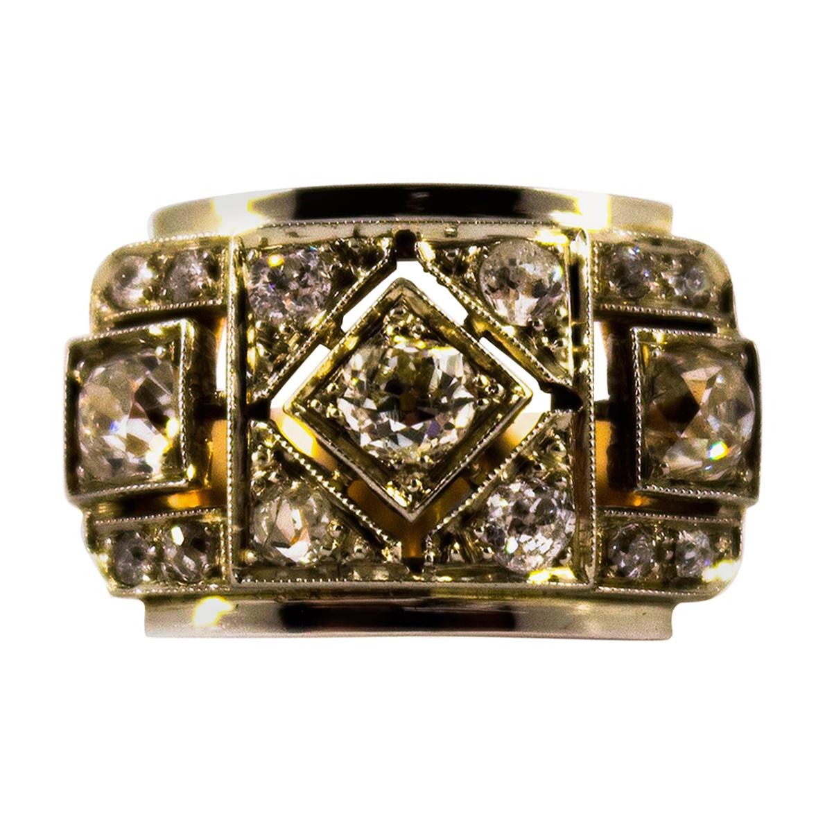 Renaissance Style 1.20 Carat White Diamond Yellow Gold Band Ring
