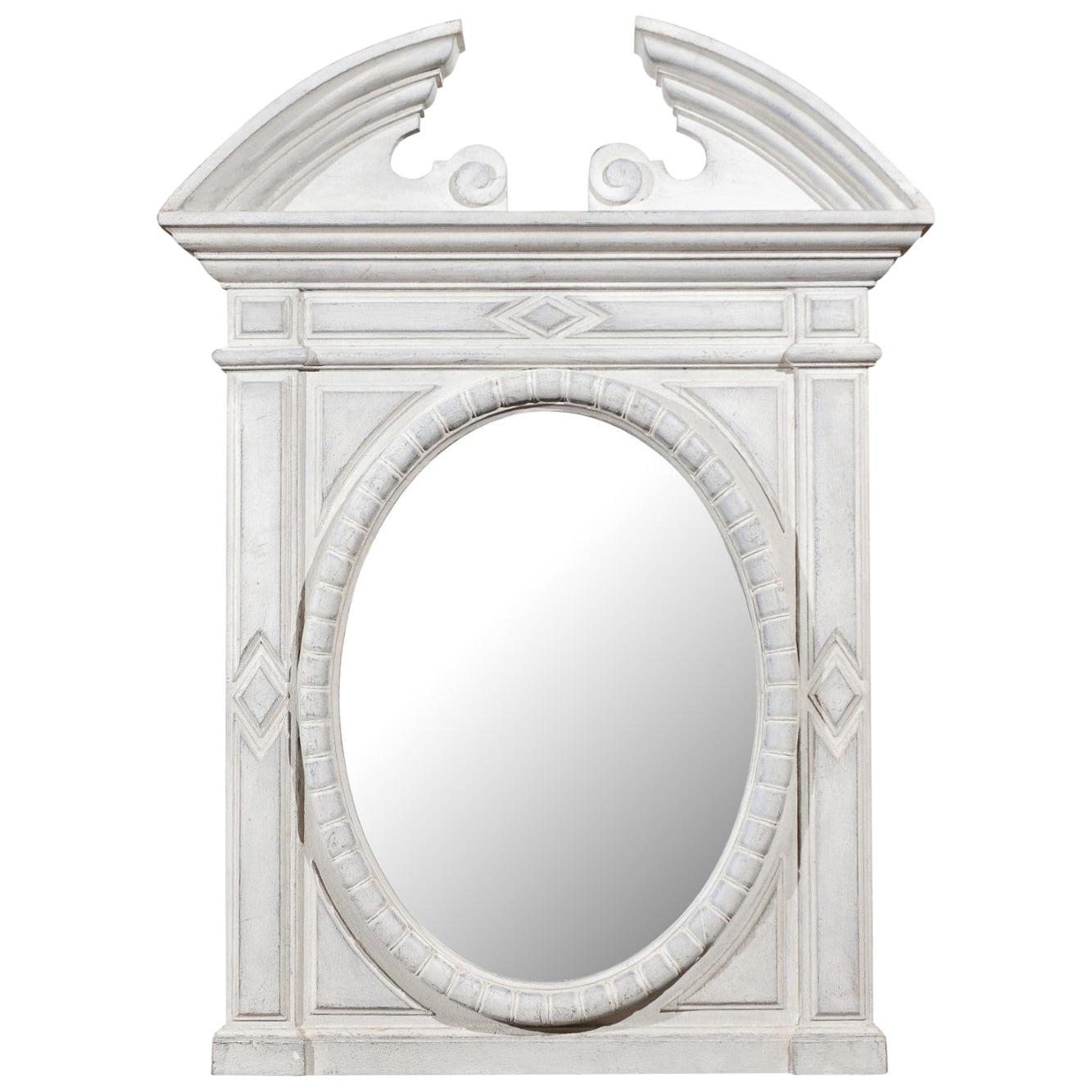 Renaissance Style 1850s Belgian Painted Oval Mirror with Broken Arch Pediment For Sale