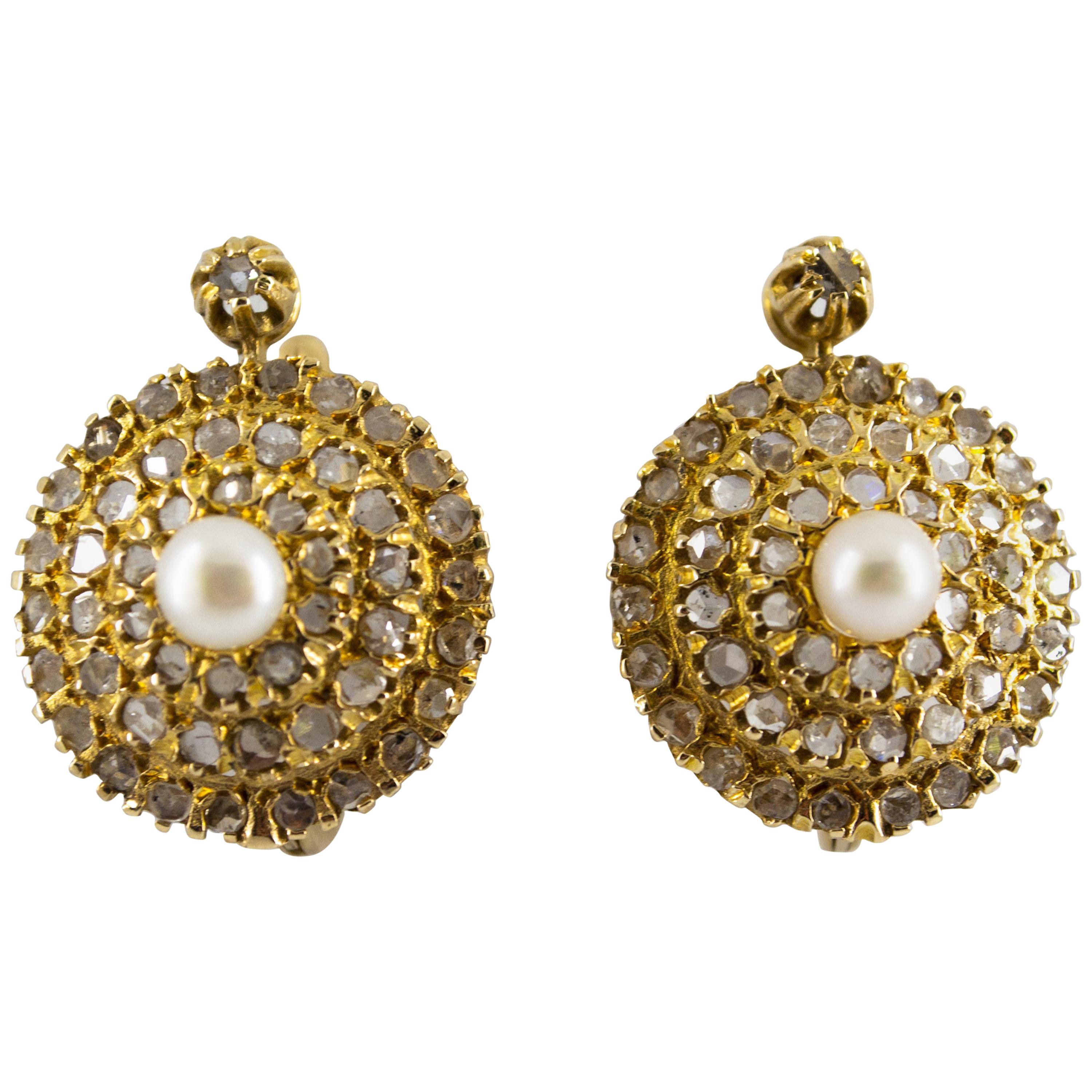 Renaissance Style 2.20 Carat White Diamond Pearl Yellow Gold Lever-Back Earrings