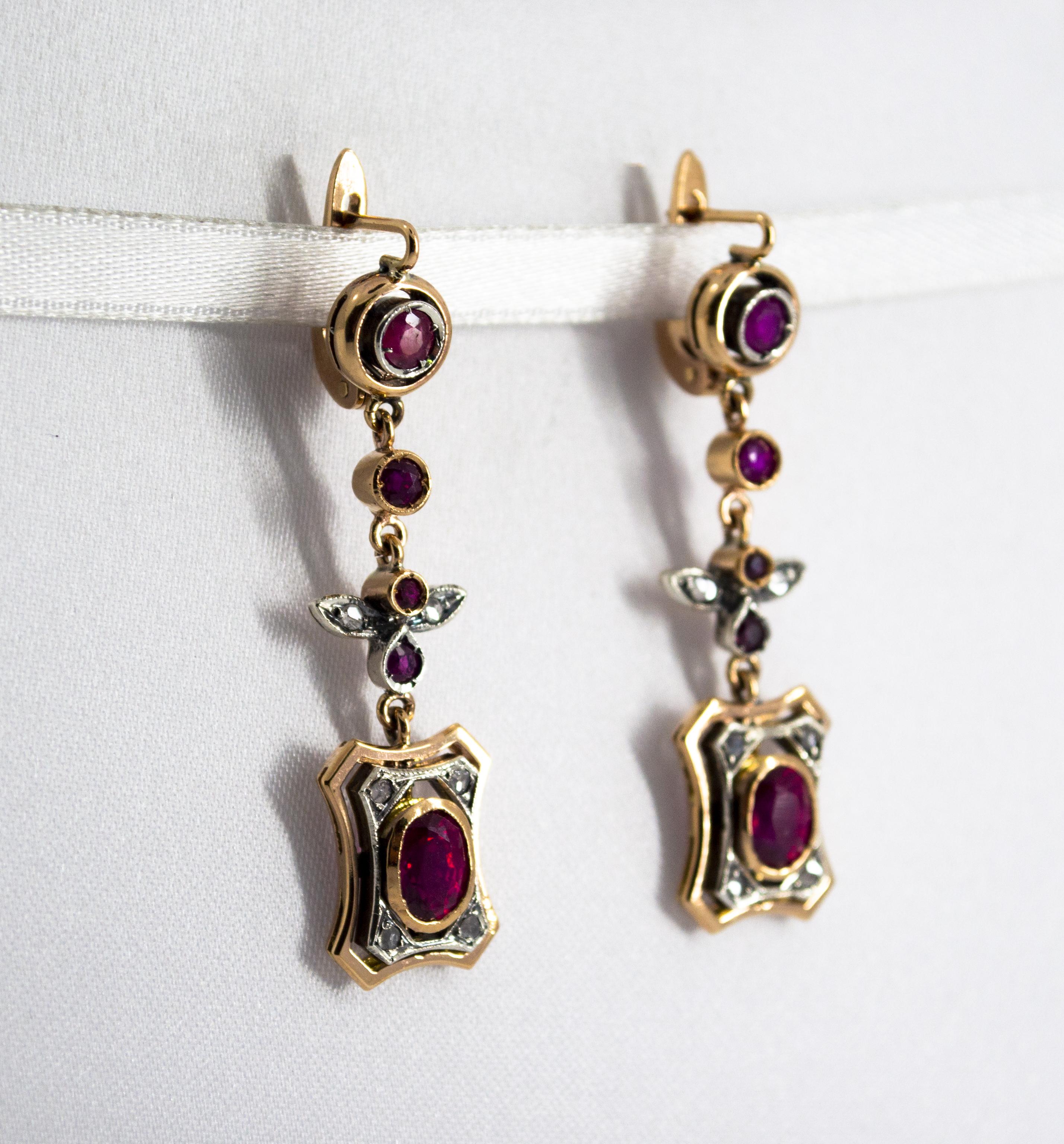 Renaissance Style 2.60 Carat Ruby White Diamond Yellow Gold Lever-Back Earrings In New Condition In Naples, IT