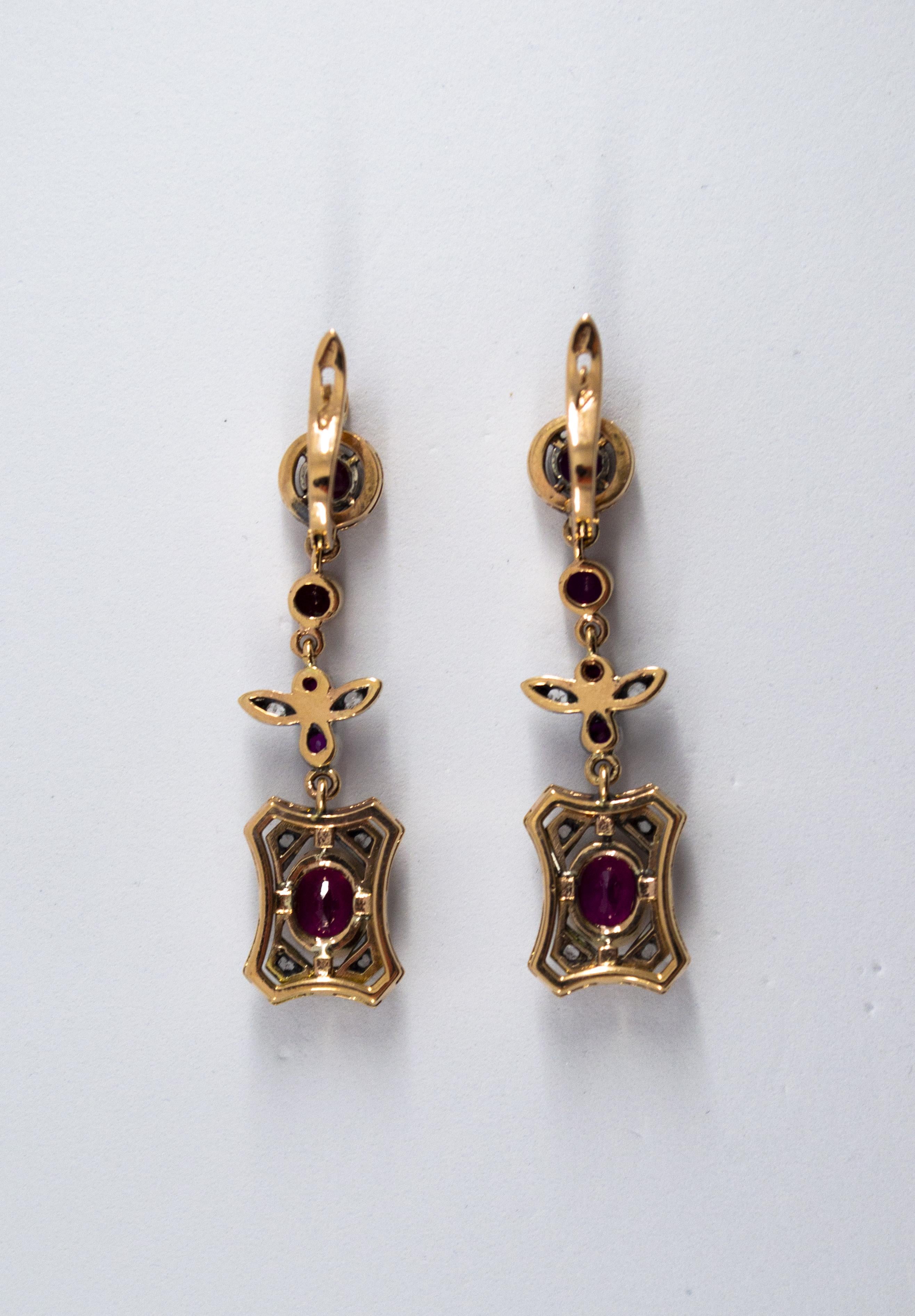 Renaissance Style 2.60 Carat Ruby White Diamond Yellow Gold Lever-Back Earrings 1