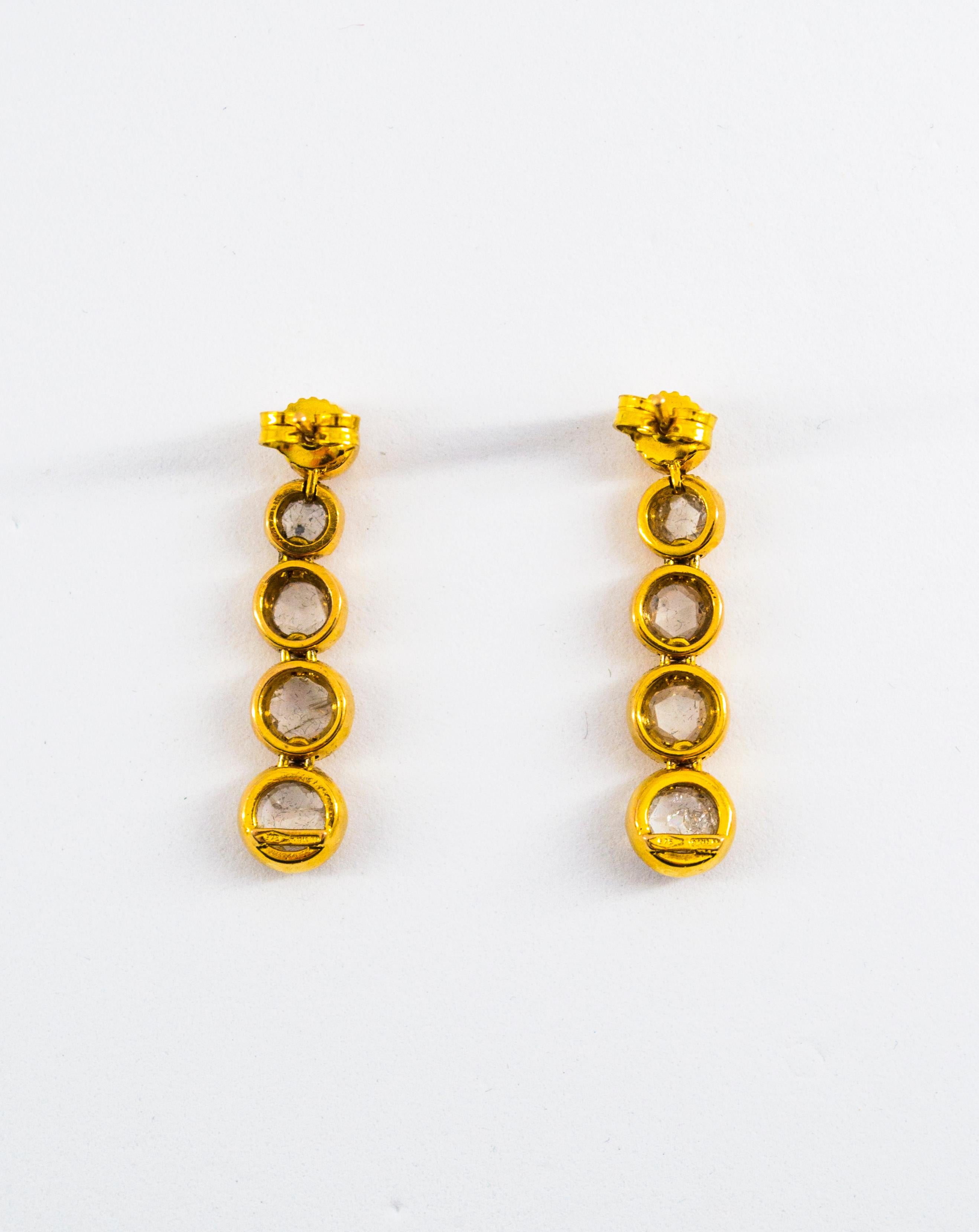 Renaissance Style 2.90 Carat White Diamond Yellow Gold Stud Dangle Earrings 2