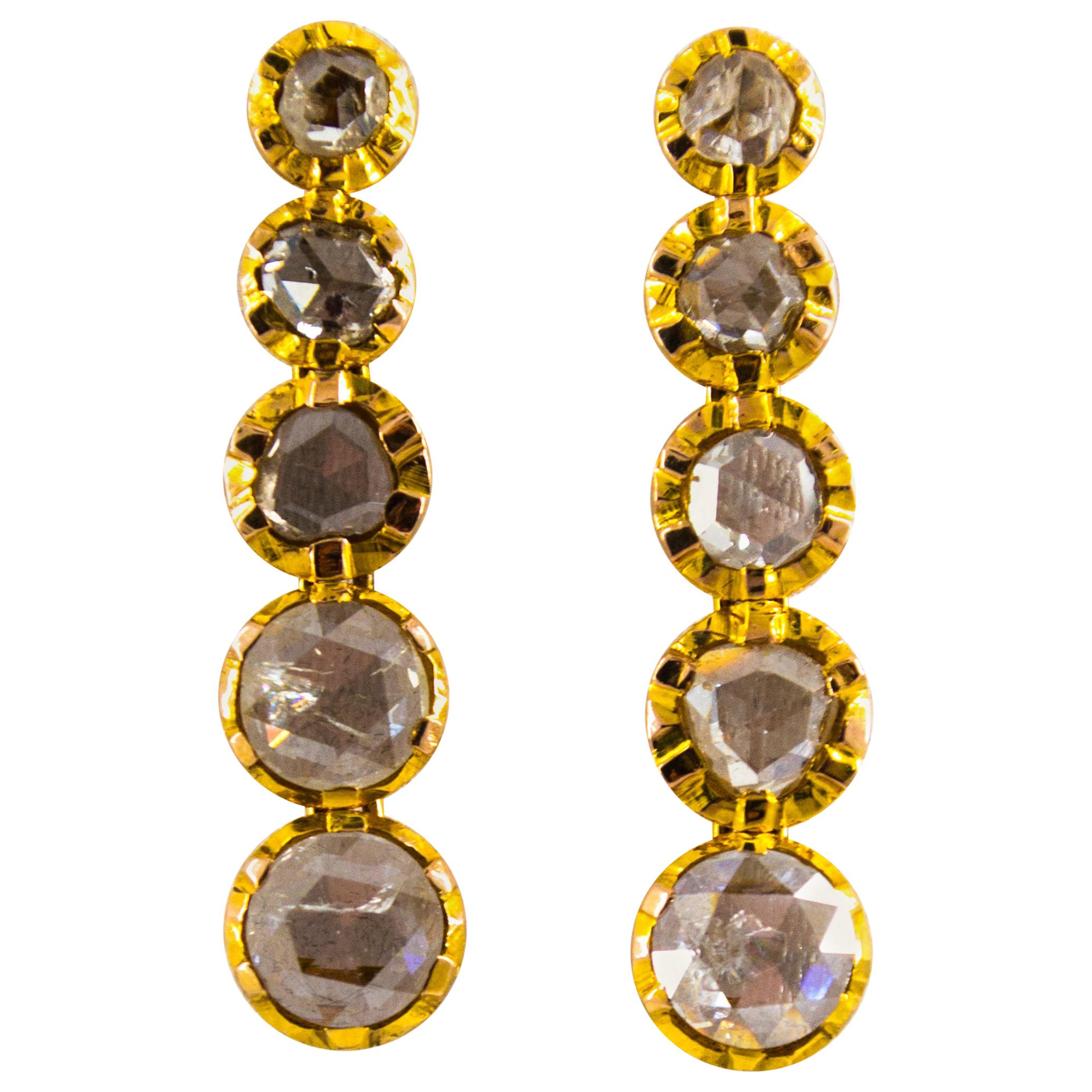 Renaissance Style 2.90 Carat White Diamond Yellow Gold Stud Dangle Earrings