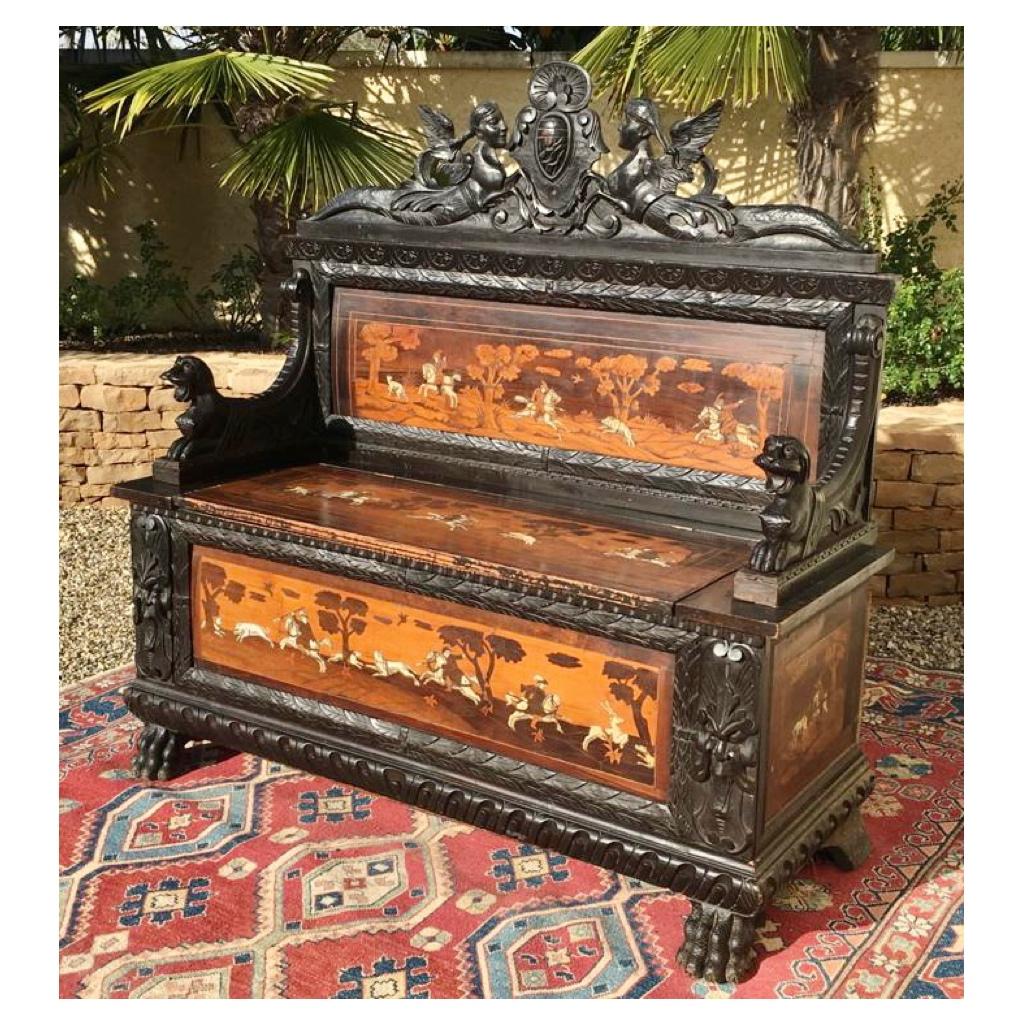 Renaissance Style Blackened Wood and Marquetry Chest Bench, 19th Century For Sale 5