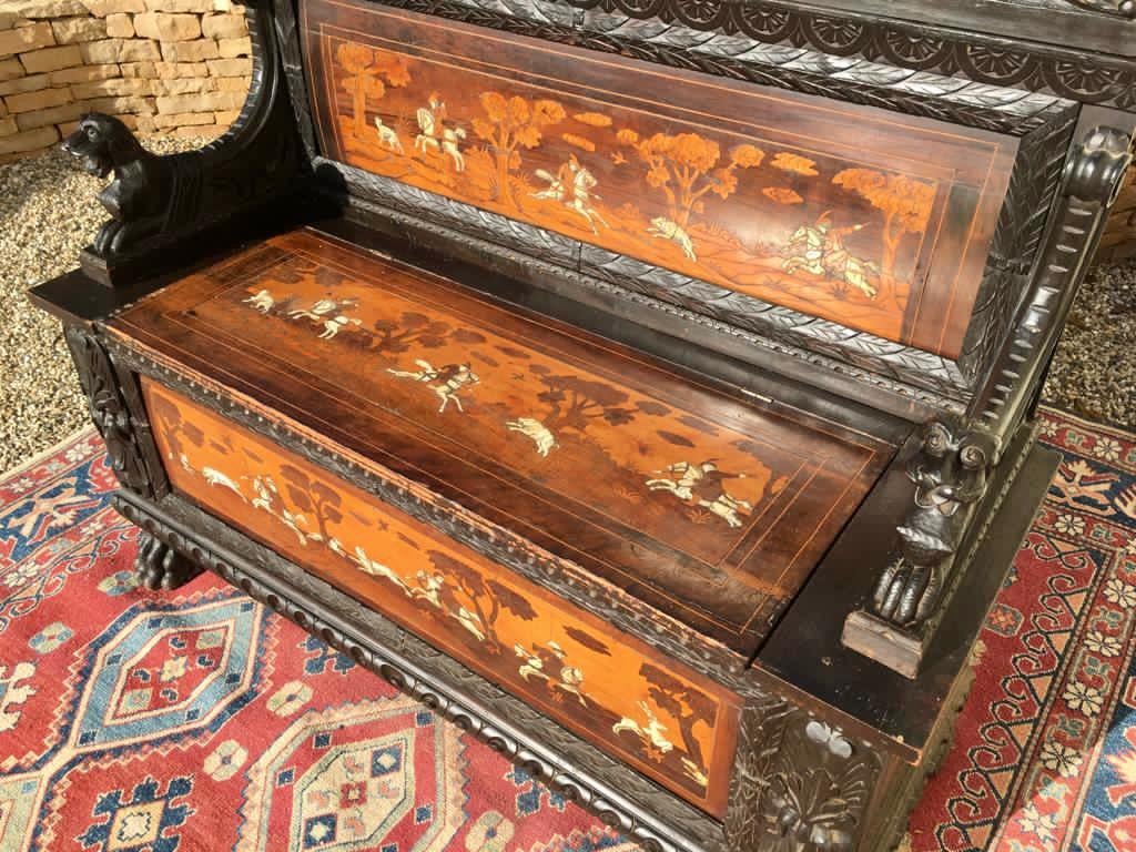 Renaissance Style Blackened Wood and Marquetry Chest Bench, 19th Century For Sale 6