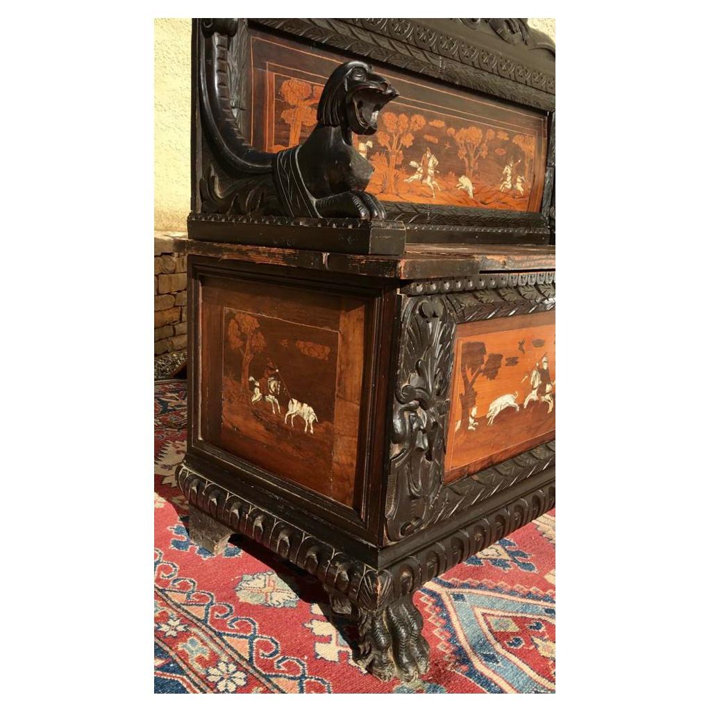 Renaissance Style Blackened Wood and Marquetry Chest Bench, 19th Century For Sale 7