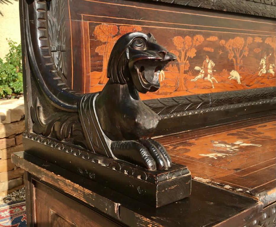Renaissance Style Blackened Wood and Marquetry Chest Bench, 19th Century For Sale 8