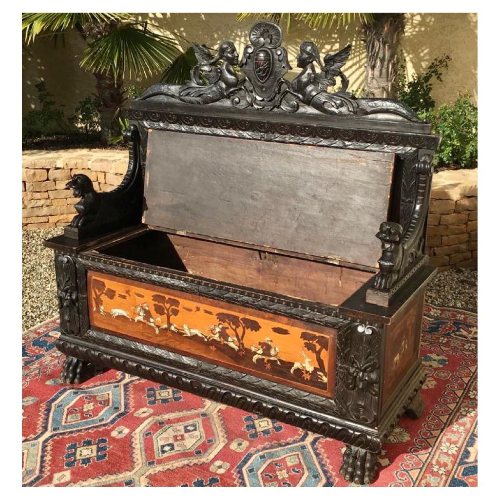 Renaissance Style Blackened Wood and Marquetry Chest Bench, 19th Century For Sale 12