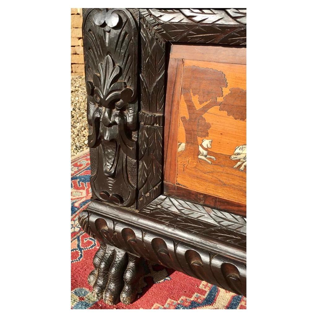 Renaissance Style Blackened Wood and Marquetry Chest Bench, 19th Century For Sale 15